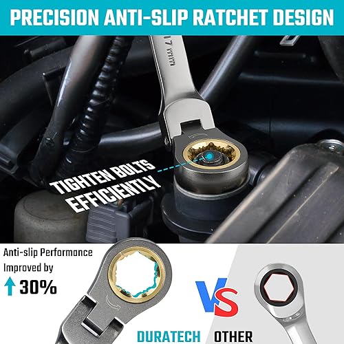Miniatura 2 de DURATECH Juego de llaves de trinquete antideslizantes de cabeza flexible, juego de llaves combinadas, 12 piezas, 72 dientes, métrico, 0.315-0.748