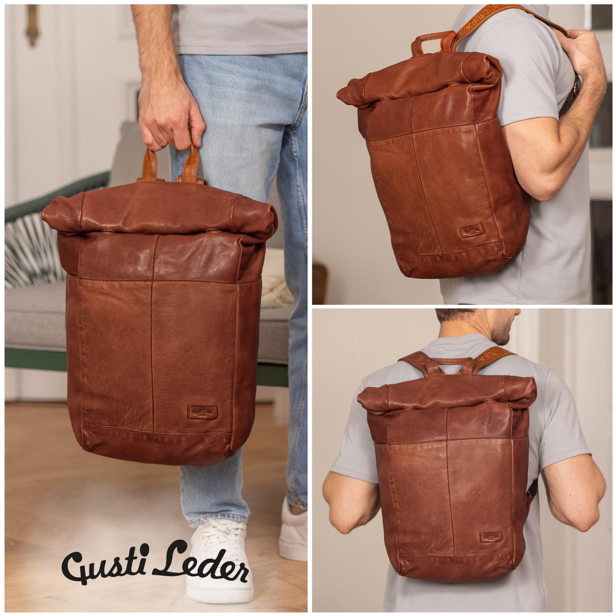 Gusti Rolltop Kurierrucksack Leder Joy Rucksack Lederrucksack Vintage Cityrucksack Outdoorrucksack Laptoptasche Unirucksack Wanderrucksack Braun Leder