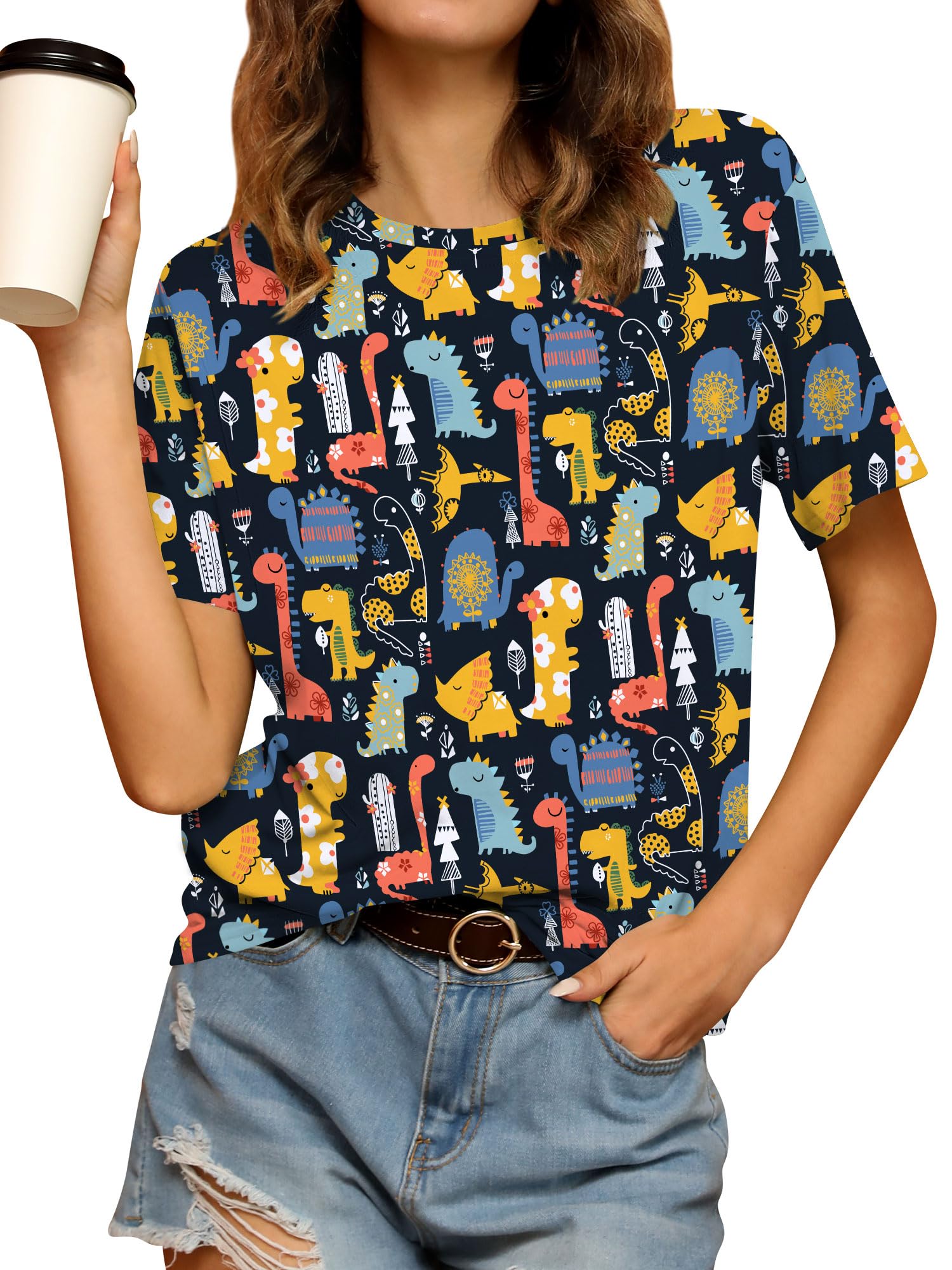 RMCMS Dinosaur Shirts Women Cute 3D Dinosaur Graphic Party Casual Loose Fit Short Sleeve T-Shirt Tee Gift for Mom Top