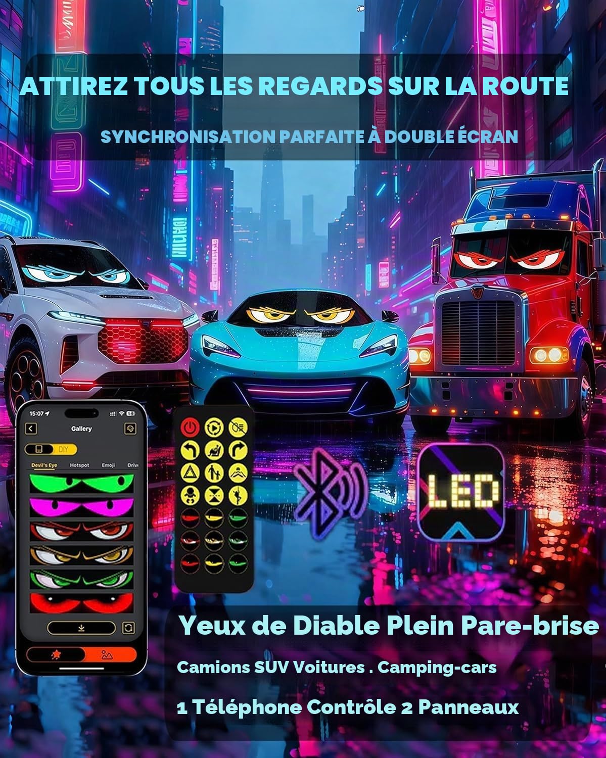 2 Pièces 12 * 59.5cm Yeux Led pour Camion et Voiture, Écrans LED | Pare-Brise de Voitures/Camions/Suv/Camping-Cars avec ContrôLe via Application, Texte Personnalisé, Animations et Graphiques
