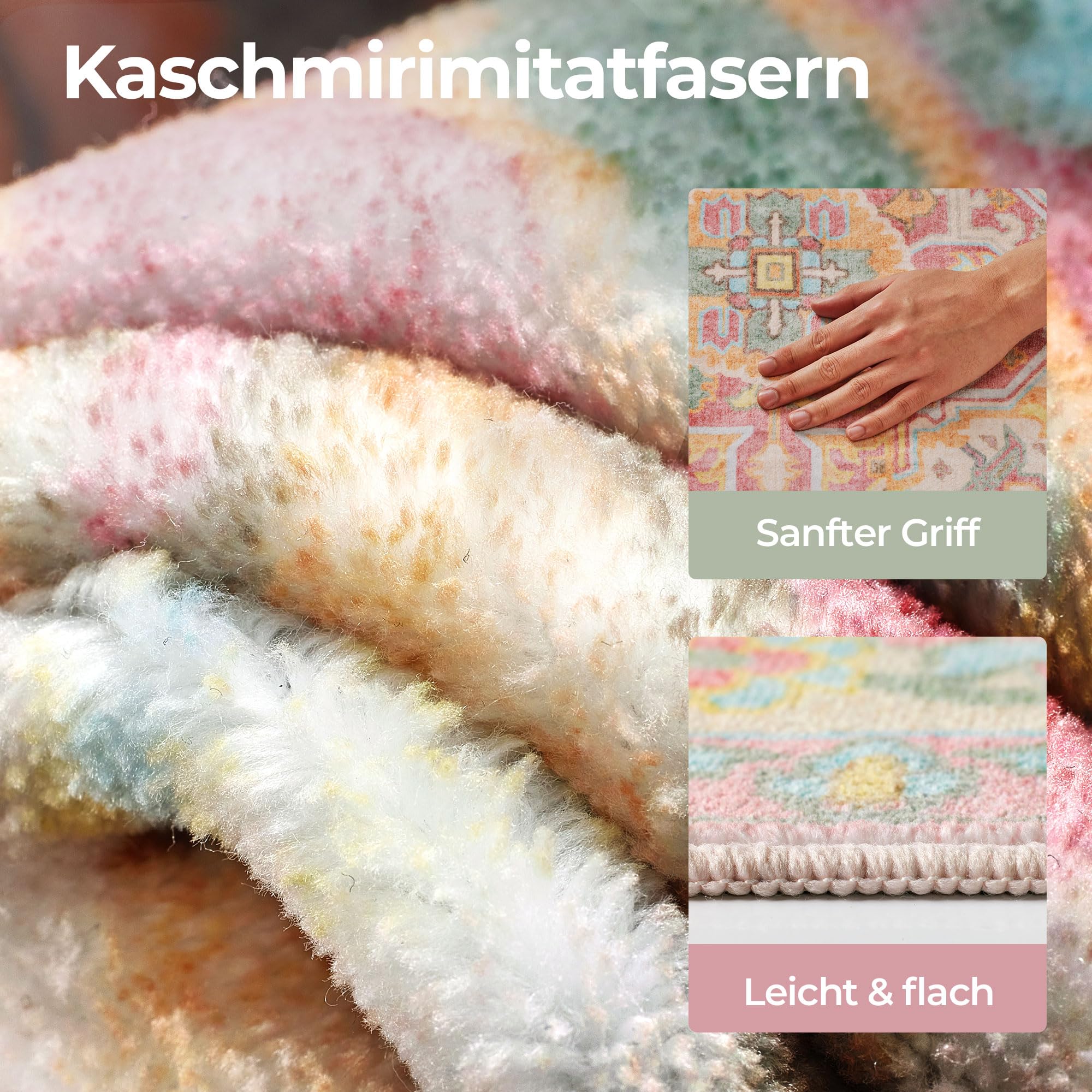 Kokia Vintage Teppich 140x200 cm Blütenrosa Waschbar fürs Schlafzimmer | Platzsparend, Rutschfest und Fleckenfest, Flacher Flor in Blütenrosa mit Medaillonmuster für Home Office