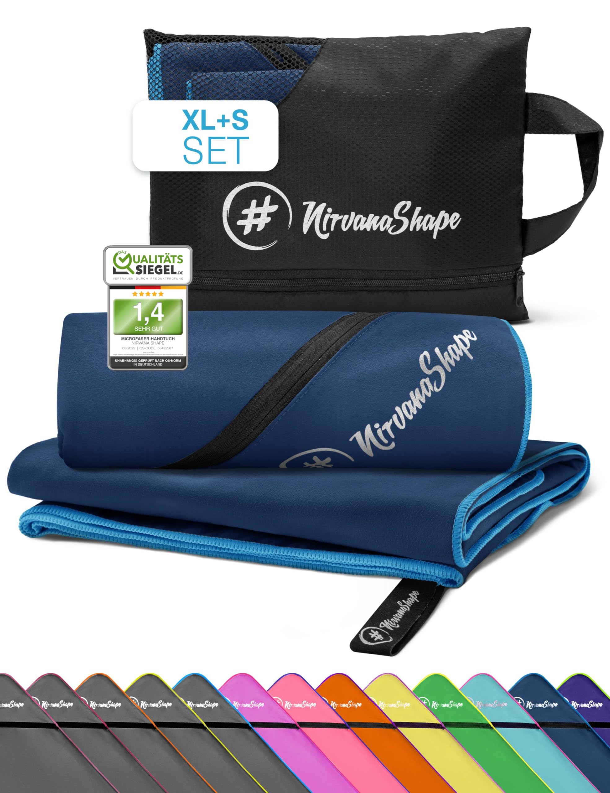 NirvanaShape Mikrofaser Handtuch, Microfaser Handtücher leicht, kompakt als Badetuch, Reisehandtuch, Strandtuch, Sporthandtuch, 2er Set XL+S 200 x 100 + 60 x 40 cm