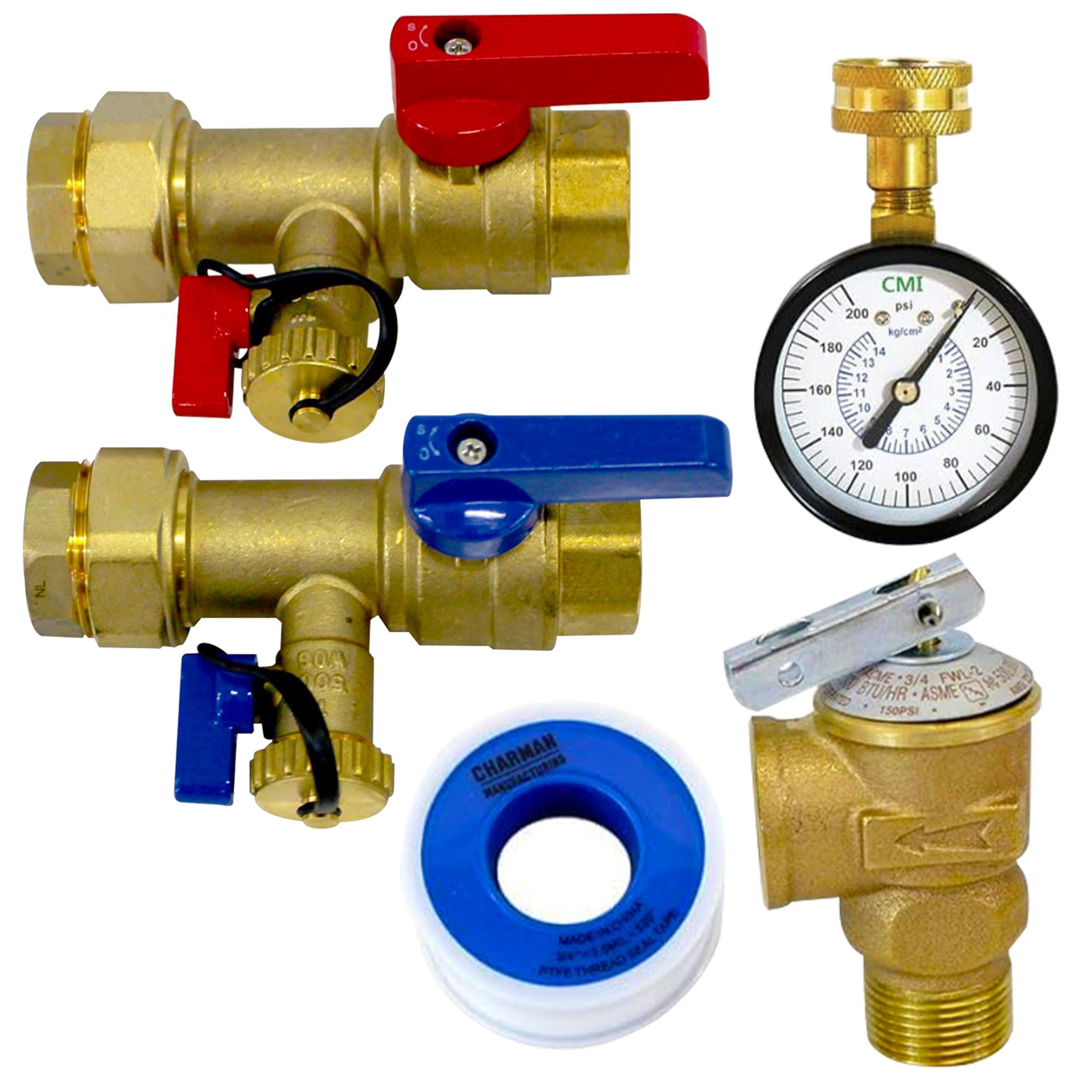 CMI Inc - 1 Inch IPS Tankless Water Heater Isolation Service Valve Kit – Female to Female Threaded Brass Valves with Pressure Relief for Hot Water Installation for Rheem, Rinnai, Takagi, EcoSmart