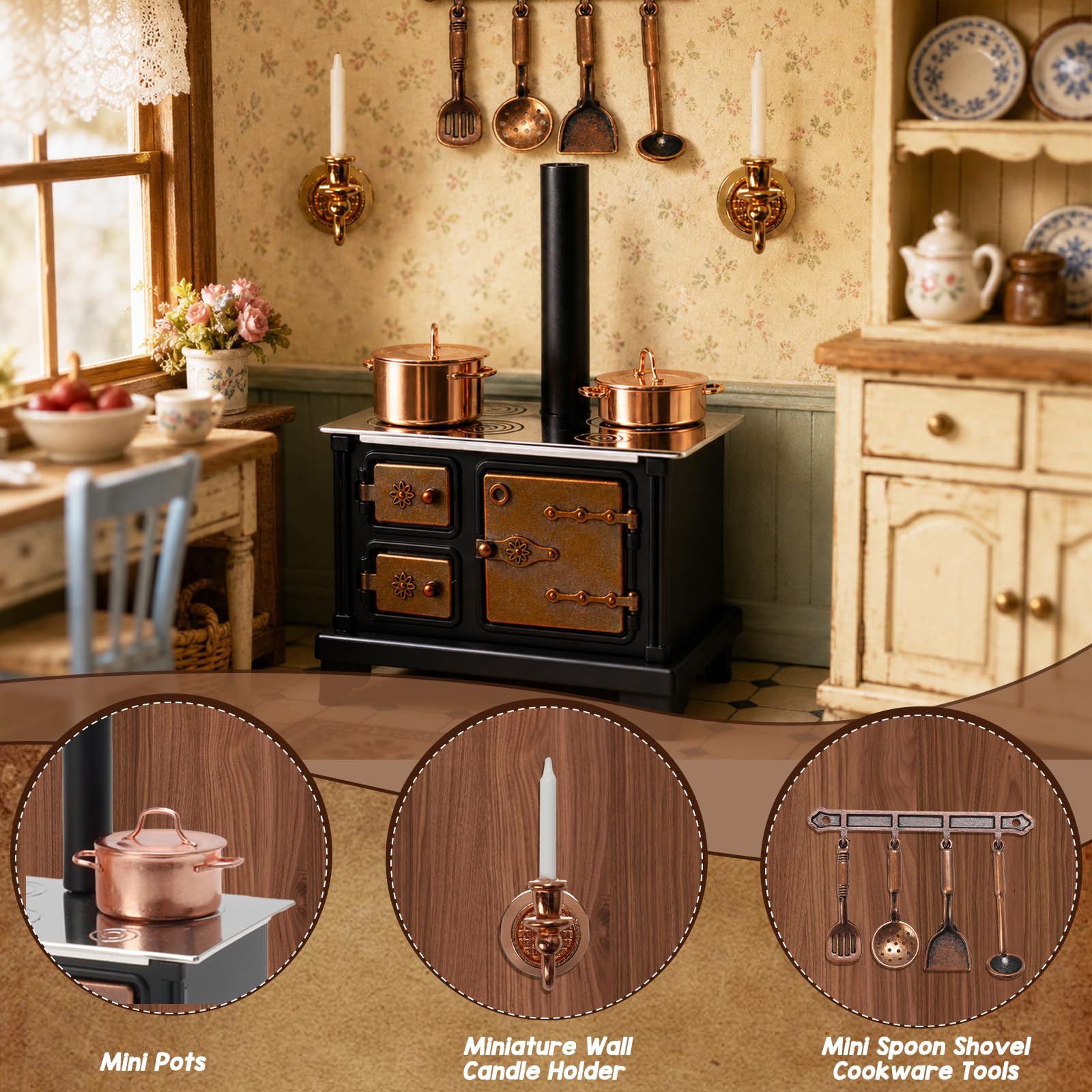10 sztuk miniaturowych mebli kuchenka do gotowania mini retro metalowy piec z miniaturowym świecznikiem ściennym mini garnki, mini łyżka, łopatka, naczynia kuchenne, narzędzia do dekoracji kuchni w