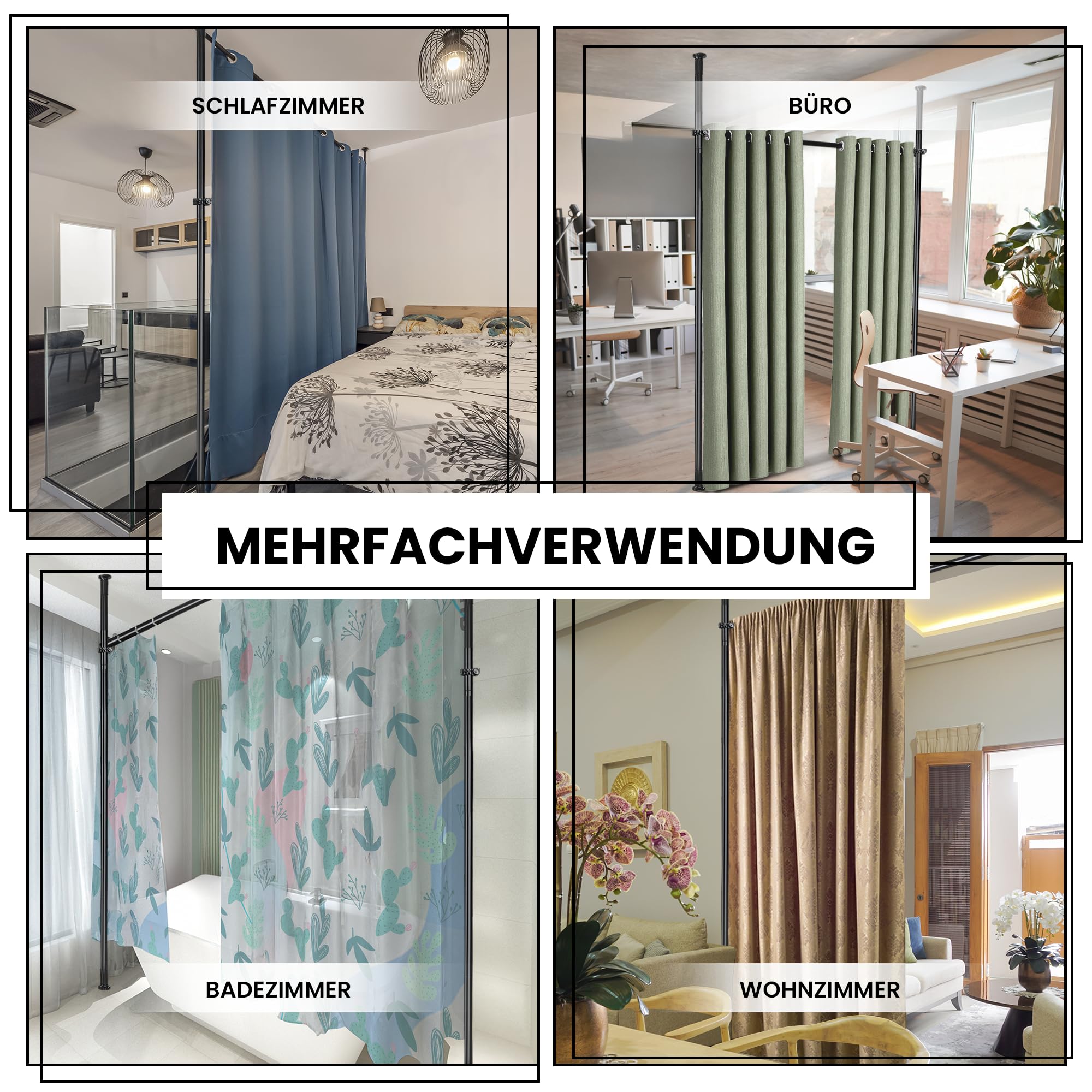 Raumteiler Paraventgestell Gardinenstange | Sehr Stabil & Flexibel Verstellbar | Paravent ohne Vorhang, Sichtschutz B 180 cm x H 300 cm, Schwarz