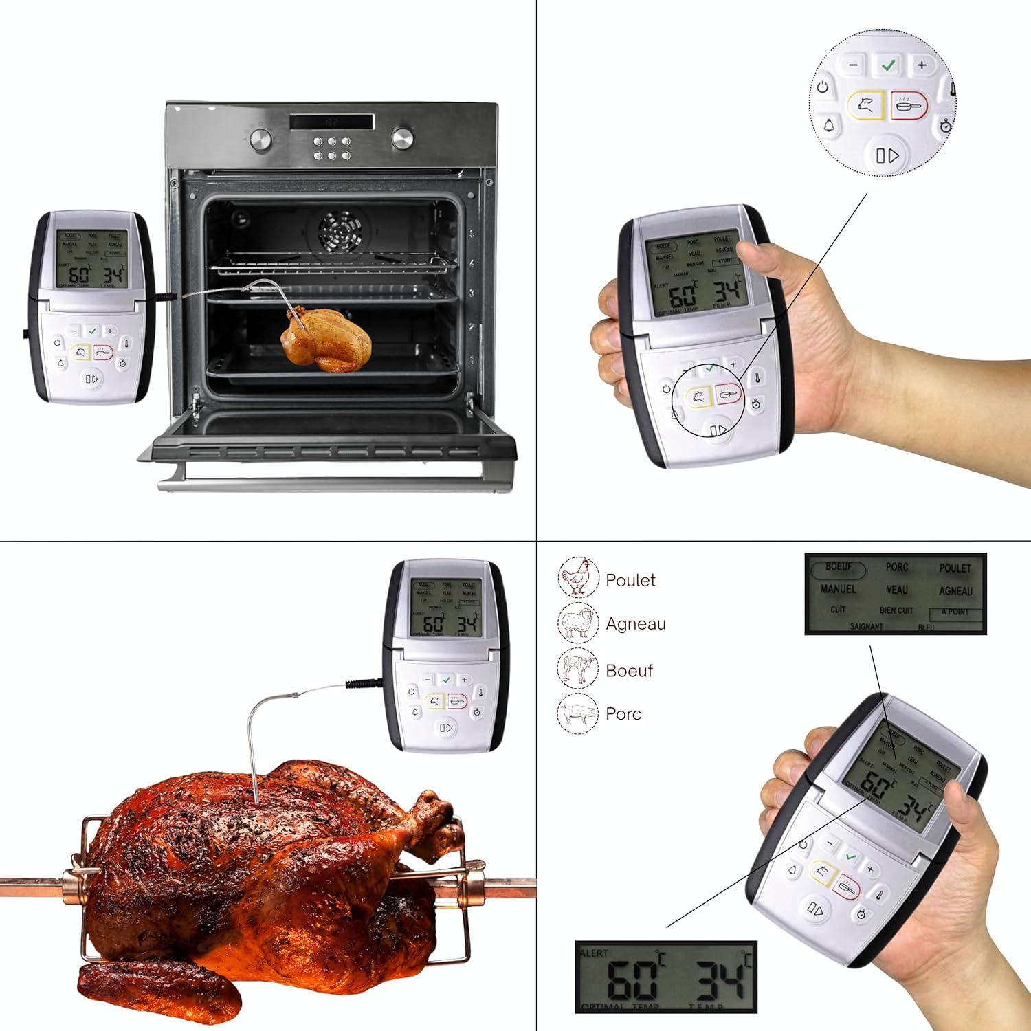 Mastrad M Classic Plus thermometer in use with a chicken in an oven and a hand holding the unit