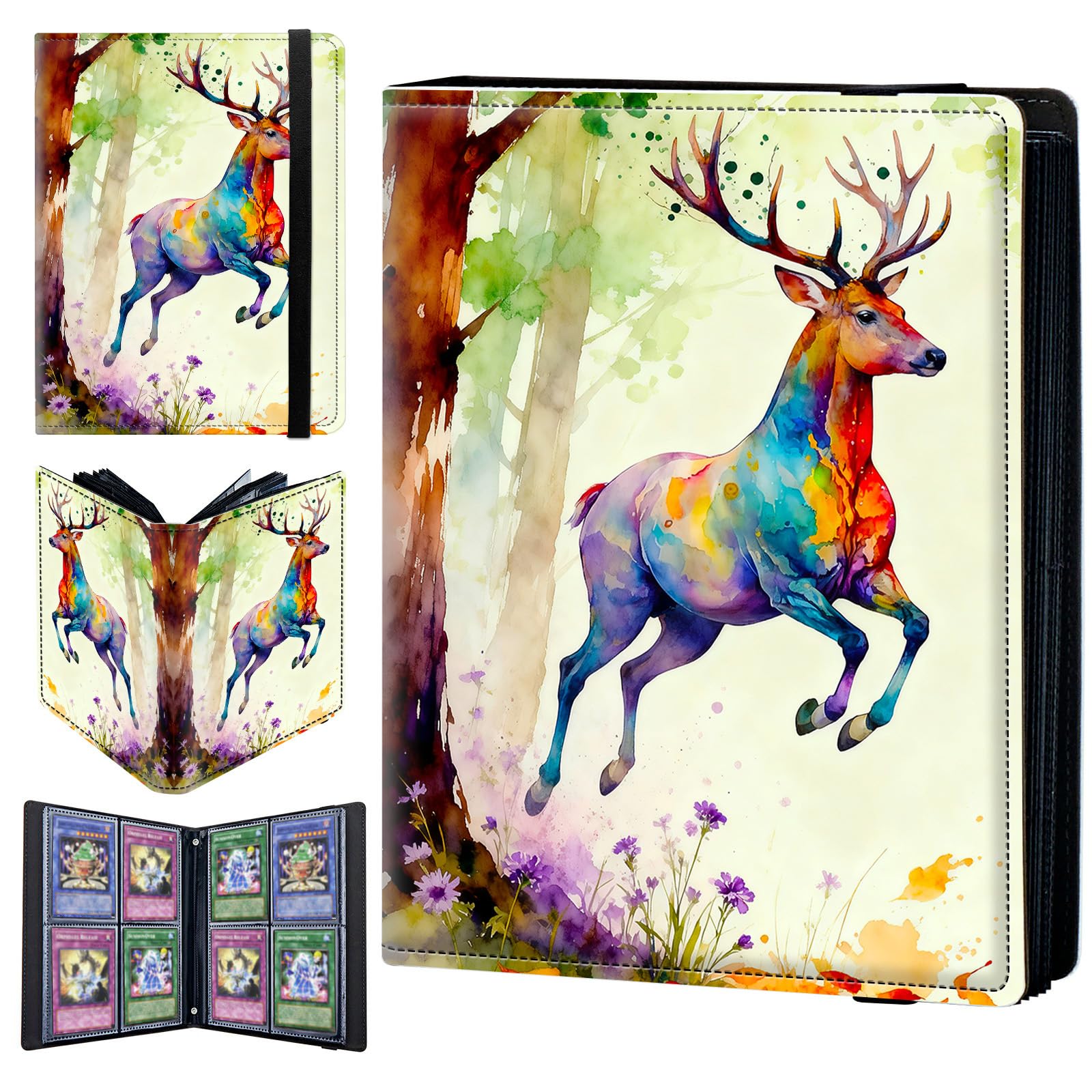 4 Pocket Trading Card Binder 240 Side Loading Pocket Album with Watercolor Forest and Deer Pattern Design Card Binder for Sports Cards & Game Cards