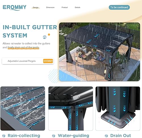 Miniatura 4 de EROMMY Pérgola con listones de 11 x 13 pies, glorieta de techo rígido para exteriores con marco de aluminio y techo ajustable de metal impermeable