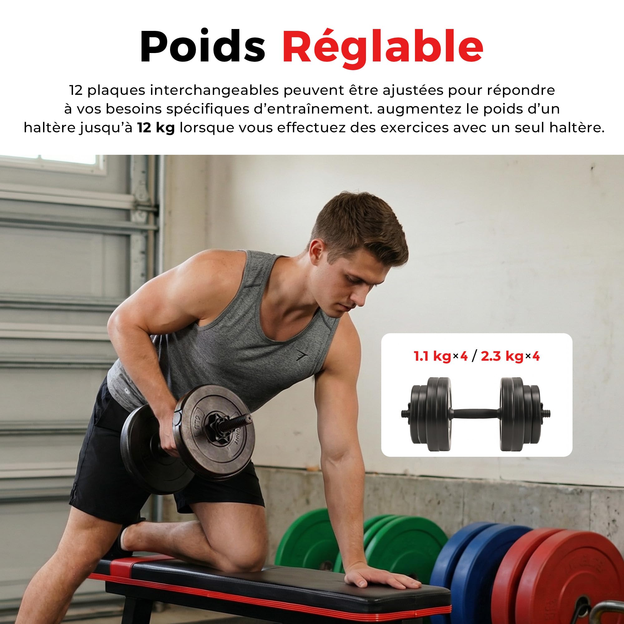 Haltères Réglables Sunny Health & Fitness 18kg Vinyl - Set De 2 Avec Plaques Interchangeables