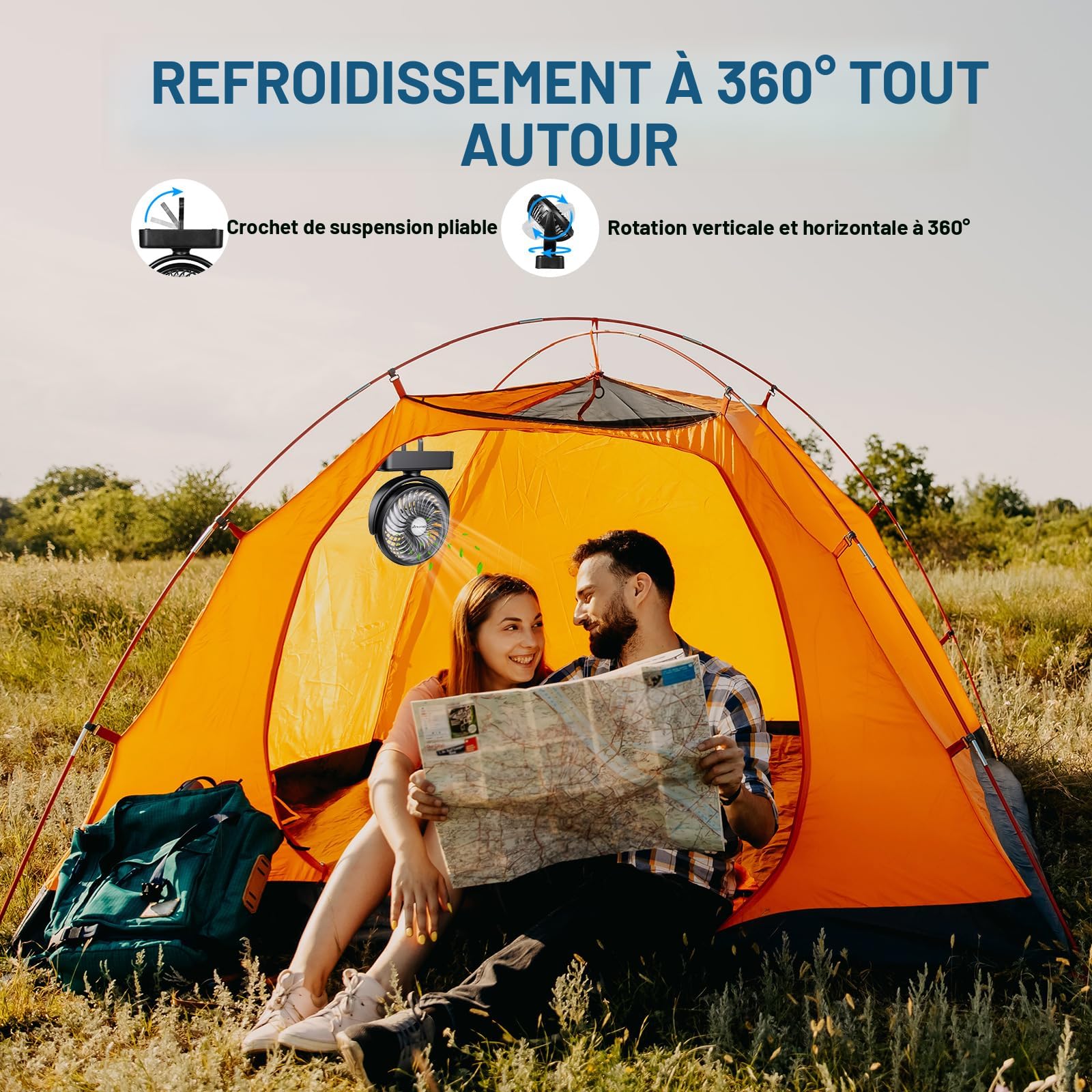 Ventilateur de Camping avec 4 lanternes LED, 8 vitesses, ventilateur de bureau à temps régulier