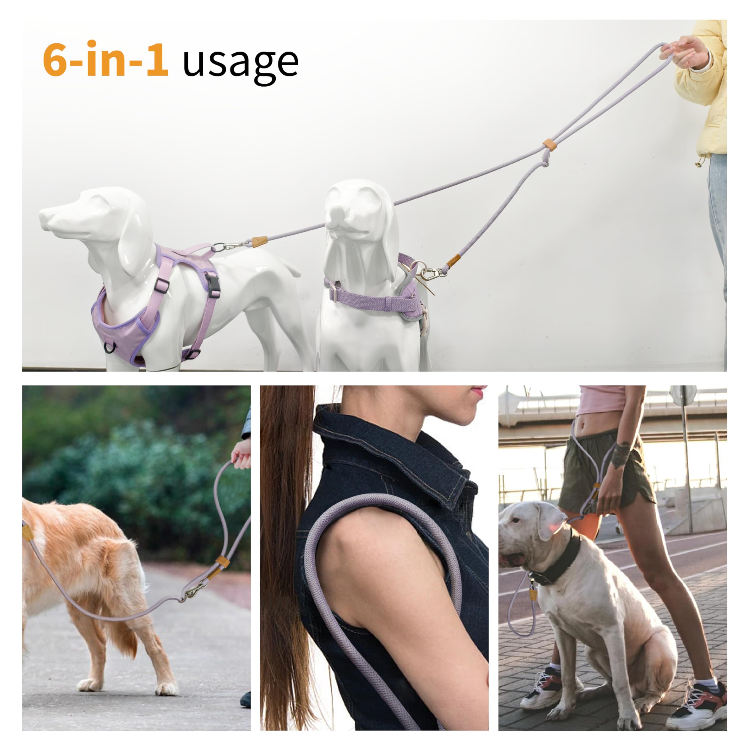 Snugrance 6-in-1 Dual Dog Leash - No-Pull Waist Leash for Large Dogs, 7FT Heavy Duty with Locking Carabiner (Purple)