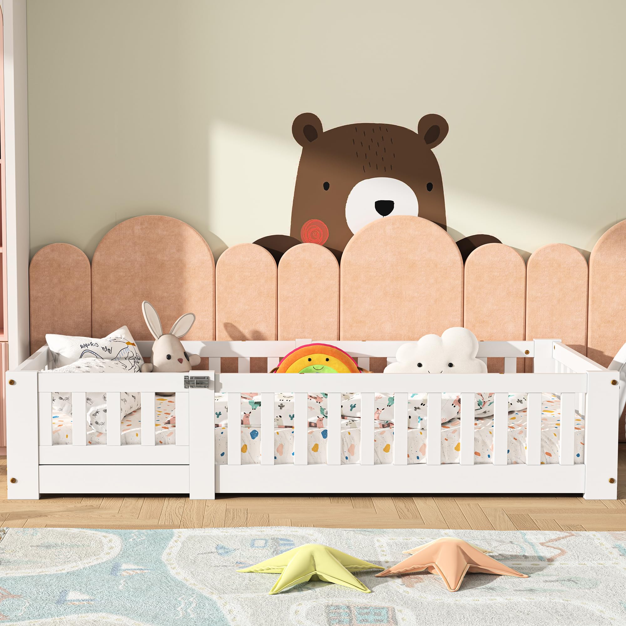 Cama infantil 90x190 cm, cama Montessori en el suelo de madera maciza pino con protección contra caídas y somier de láminas, cama de barrotes para niños y niñas, color blanco