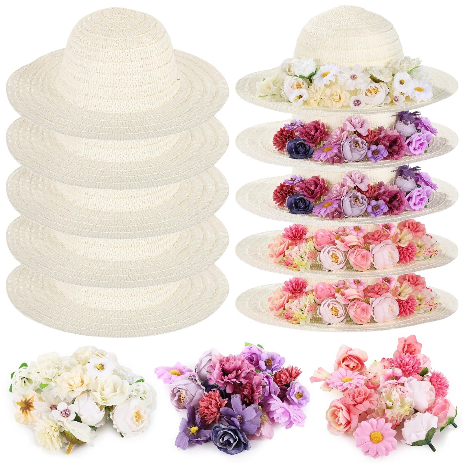 Kit de 70 sombreros de paja para bricolaje, 10 sombreros de paja y 60 flores sintéticas surtidas, sombreros en blanco pintables para fiestas de té, camping, picnics, viajes a la playa y