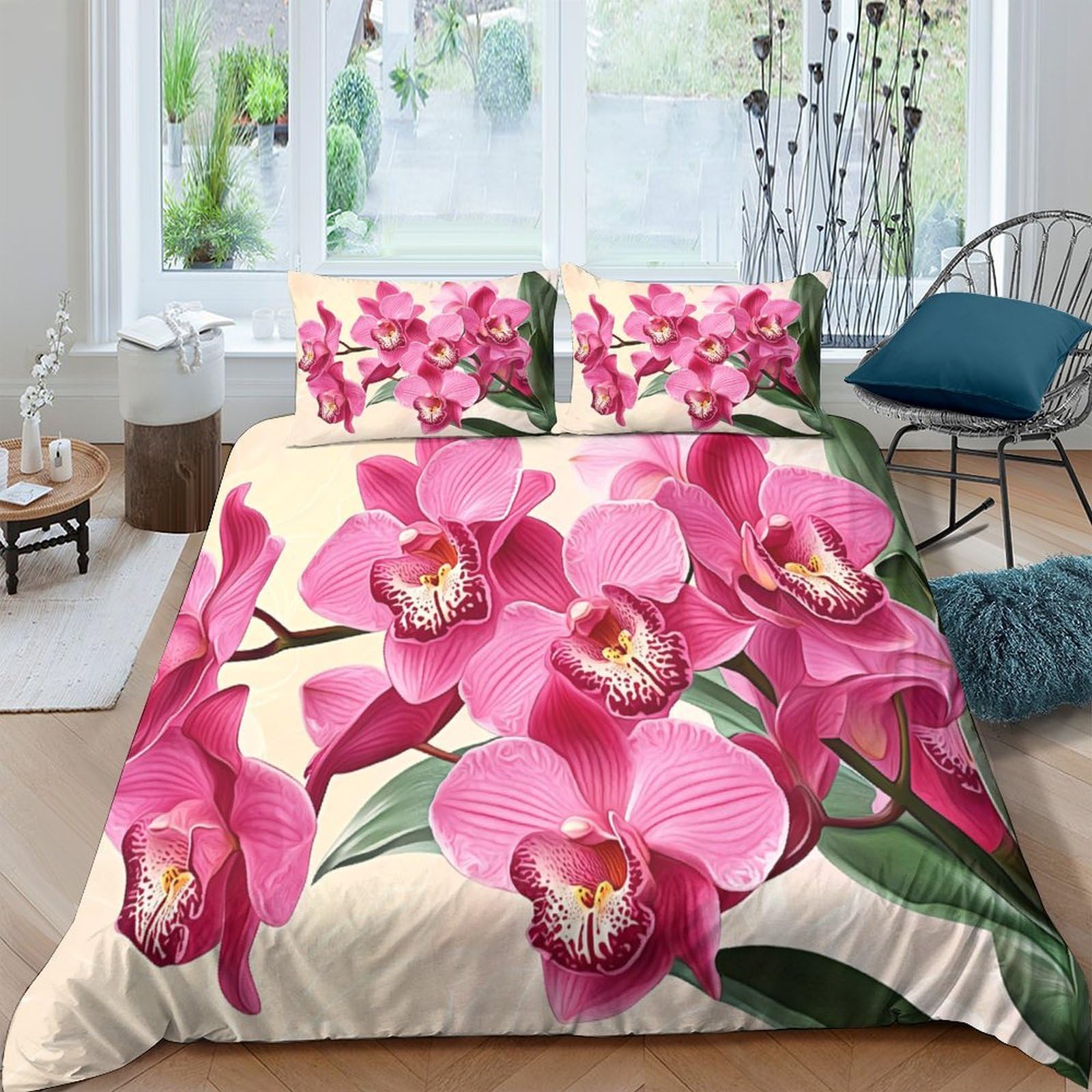 GPLZQXKJNH 3D Printed Pink Orchid Flower Duvet Cover Microfiber Soft Breathable Floral Quilt Cover Bedding Set with 2 Pillowcases for Bedroom Home Decor Single（135x200cm）