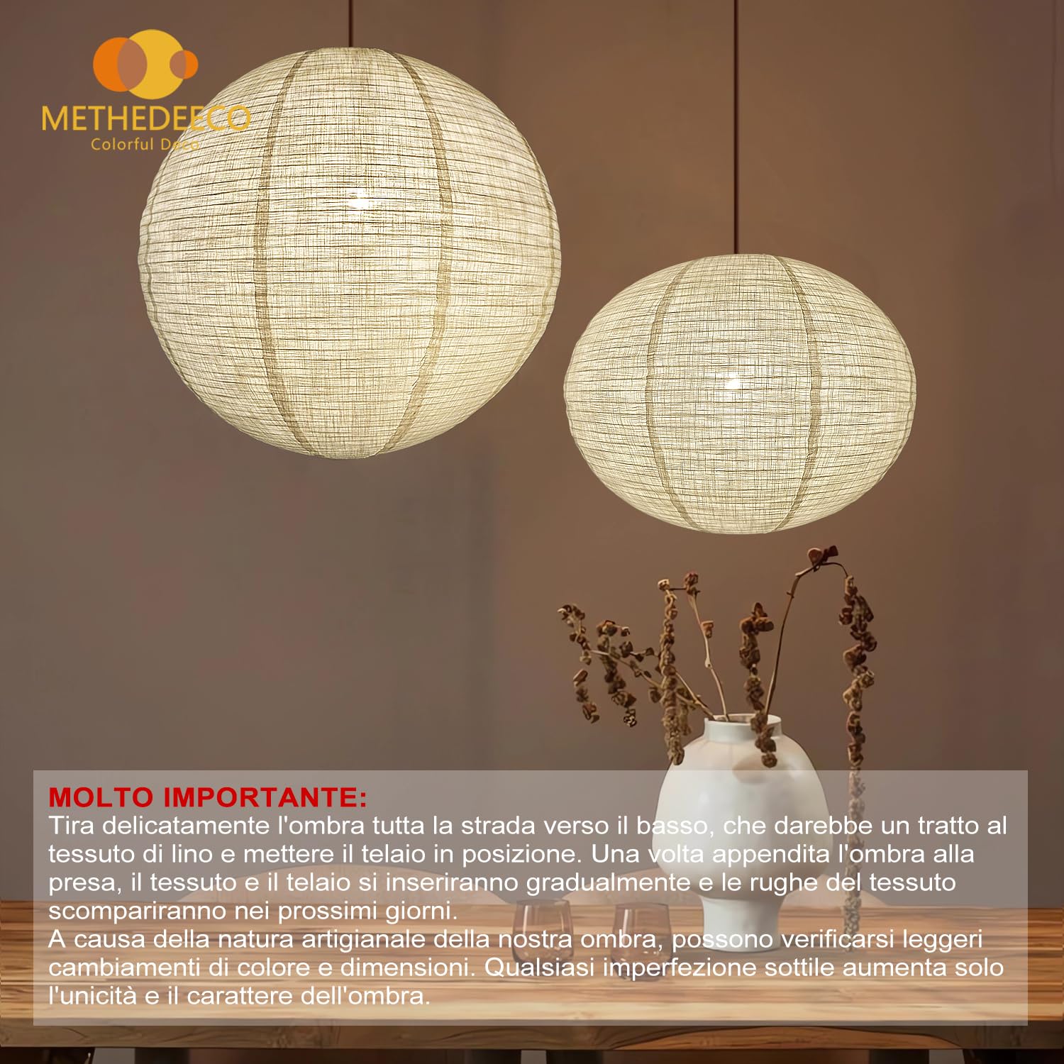 METHEDEECO Set di 2 lampade a sospensione in lino, 60 + 50 cm, paralume rotondo in tessuto per lampada a sospensione, per soggiorno, sala da pranzo, camera da letto, hotel e decorazione