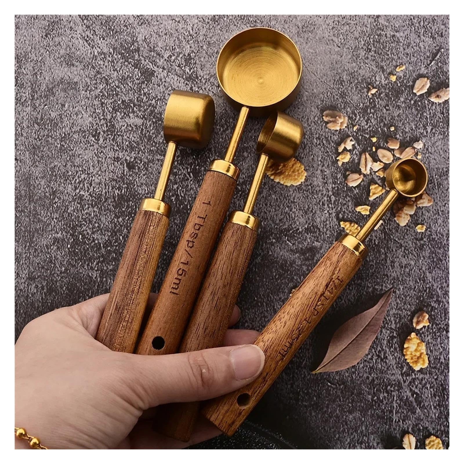 1/4/8Pcs Cucharas y tazas medidoras, mango de madera dorado