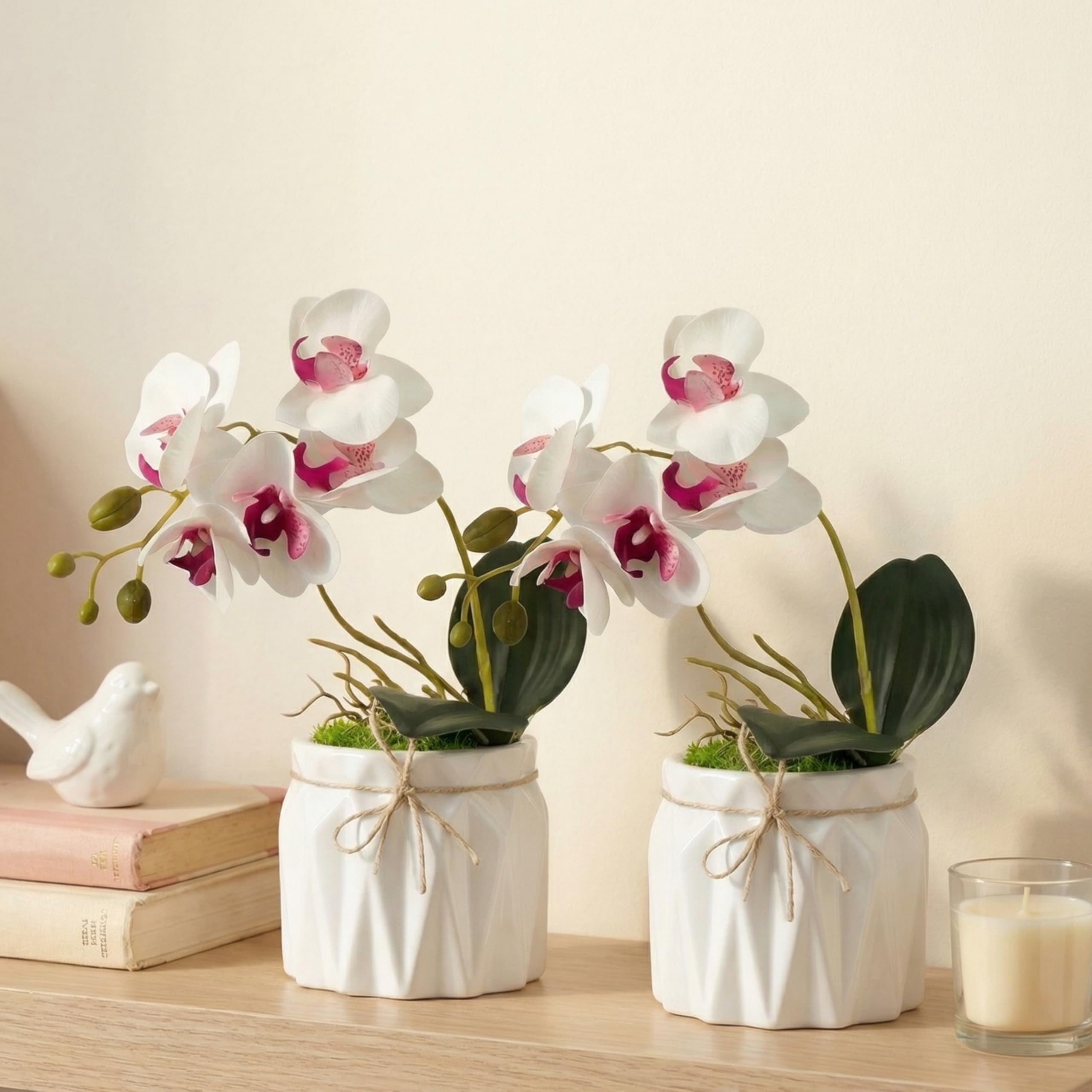 Dekorly Artificial Lavender Plant in White Pot, 18cm – Realistic Faux Flower Arrangement for Home & Office Décor (Set of 1) (2, White Orchid)