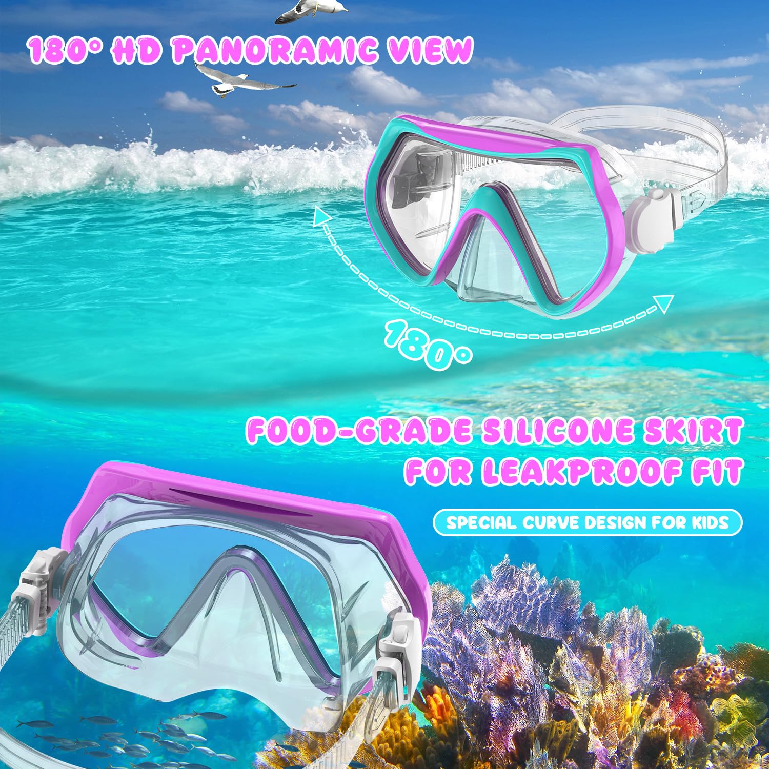 Attrezzatura da snorkeling per bambini, pinne con maschera per bambini, pinne con top asciutto, per ragazzi e ragazze dai 6 ai 14 anni, pinne da nuoto in vetro temperato, vista panoramica, pacchetti