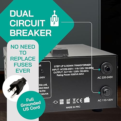 Miniatura 7 de LiteFuze Transformador de voltaje de 1500 vatios elevador hacia arribaabajo - Convertidor de potencia de 110 V a 220 V220 V a 110 V - Cable
