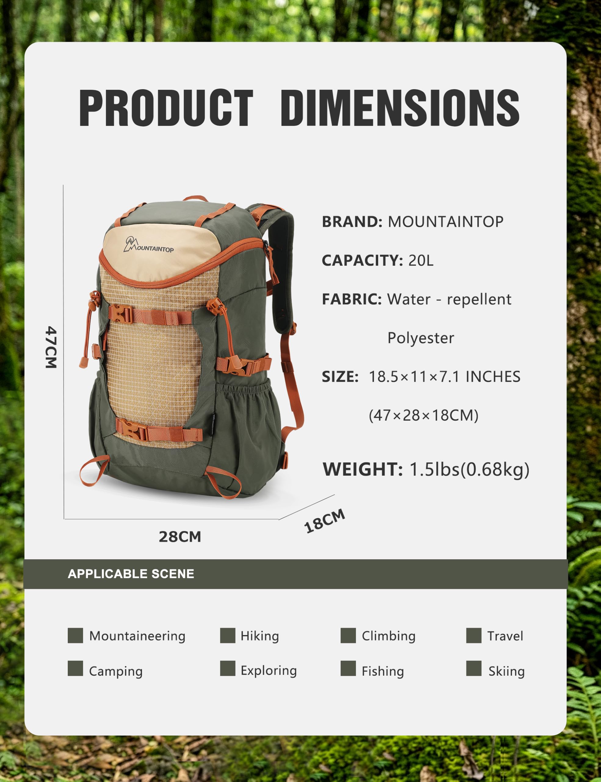 Mountaintop Plecak trekkingowy, damski, 20 l, plecak podróżny, outdoorowy, trekkingowy, Kaki zielony, 20L