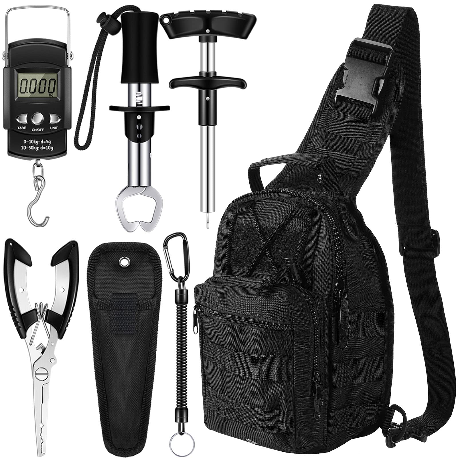Hungdao 7 Pcs Fishing Tool Kit Fishing Gear Backpack Pliers and Equipment Include Hook Remover Backpack Pliers Kit Scale Gripper Weigh Separator