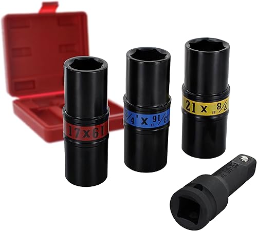 1/2” Drive Lug Nut Impact Flip Socket Set with Case | Universal 4-Piece Cr-Mo 6-Point Thin Wall Deep Inch & Metric Color Coded Tool Kit for