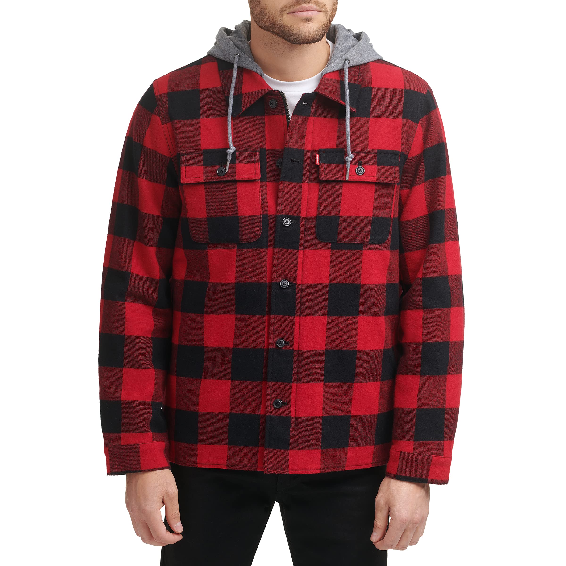 Men's Cotton Plaid Shirt Jacket with Soft Faux Fur Lining and Jersey Hood