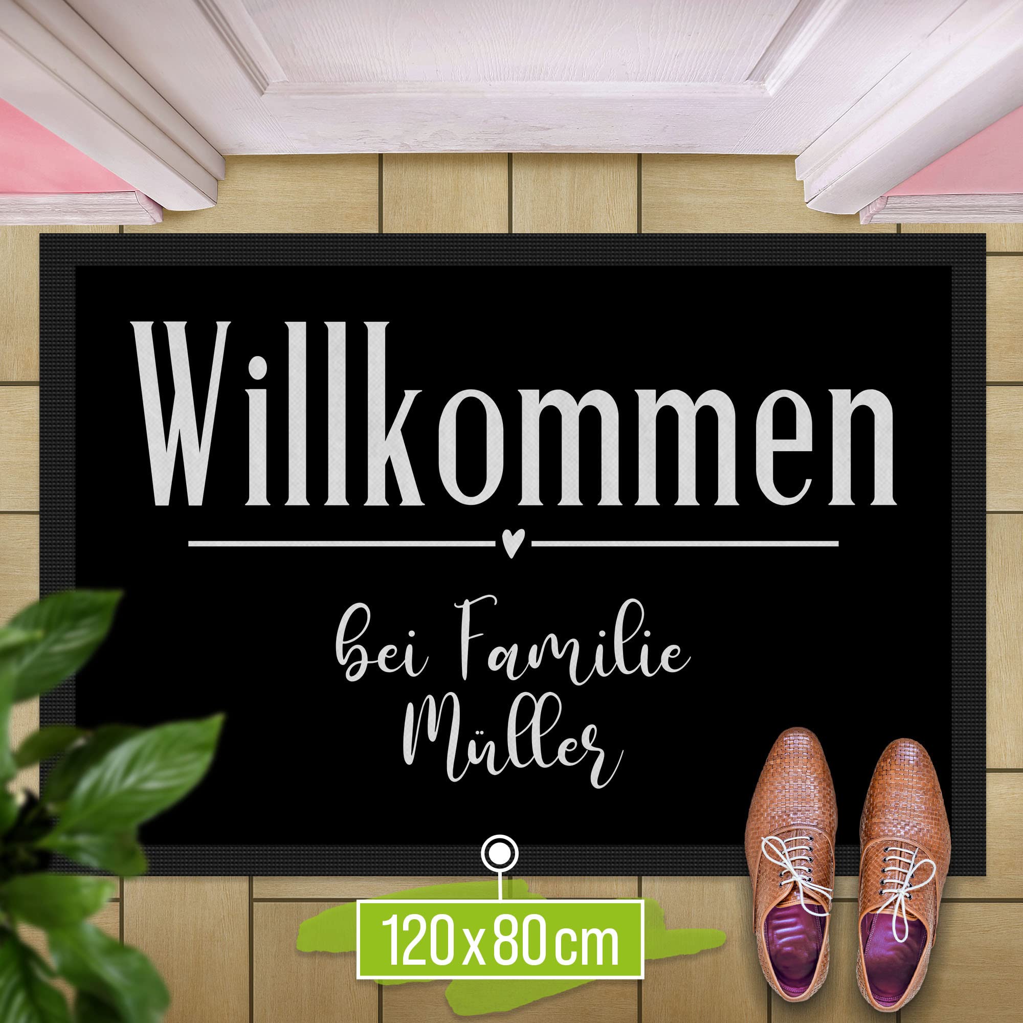 Print Royal Personalisierte Fußmatte Zwei Zeilen Wunschtext - Willkommen Herz - Geschenke zum Einzug | rutschfest, 120x80cm mit Gummirand