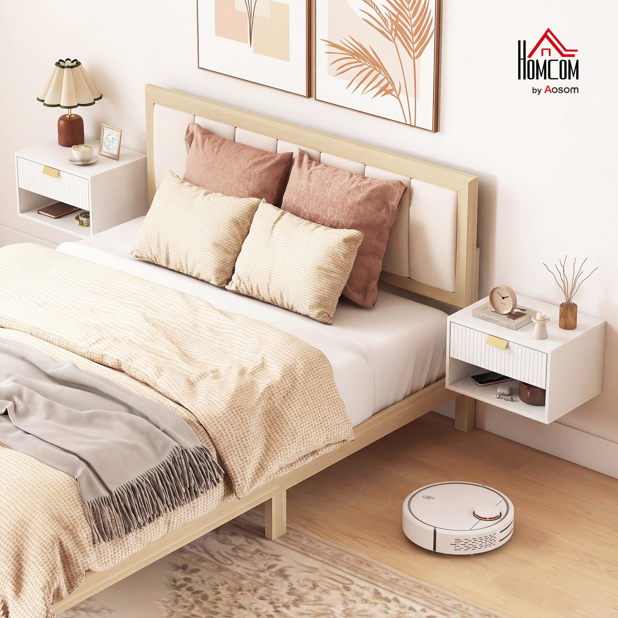 HOMCOM Juego de 2 Mesitas de Noche Flotantes con Cajón 40x30x25 cm Blanco | Mesillas de Noche, Frente Ondulado, Estante Abierto, Diseño Moderno, para Dormitorio