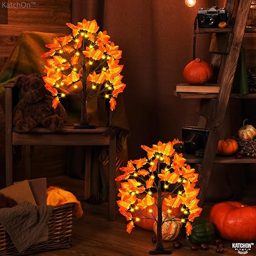 Miniatura 5 de KatchOn, Árboles de arce artificiales con luces, 24 pulgadas, paquete de 2, árboles de arce iluminados de otoño, 48 LED, árboles iluminados de
