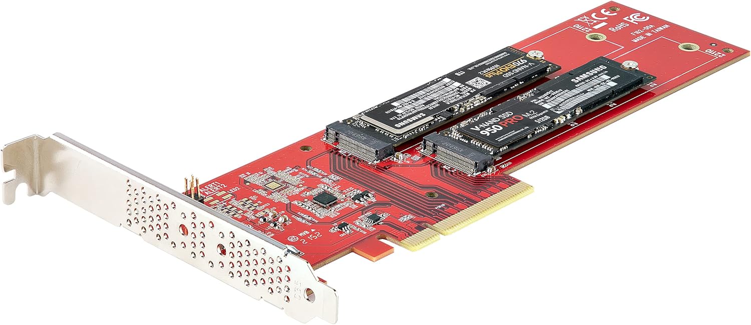 StarTech.com Dual M.2 PCIe SSD Adapter Card, PCIe x8 / x16 to Dual NVMe or AHCI M.2 SSDs, PCI Express 4.0, 7.8GBps/Drive, Bifurcation Required - Windows/Linux Compatible, TAA (DUAL-M2-PCIE-CARD-B)