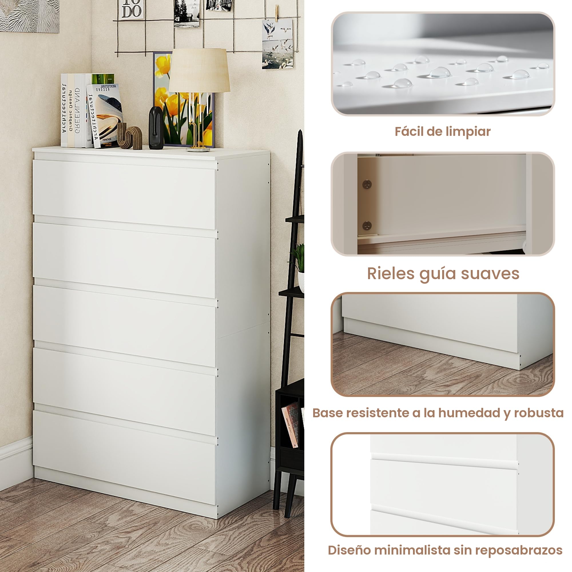 Cajonera con 5 Cajones, Ancho 60 cm, Comoda Dormitorio Blanca, Sinfonier Dormitorio, para Dormitorio, Salón, Oficina y Recibidor, 60x40x121 cm (A x F x A)