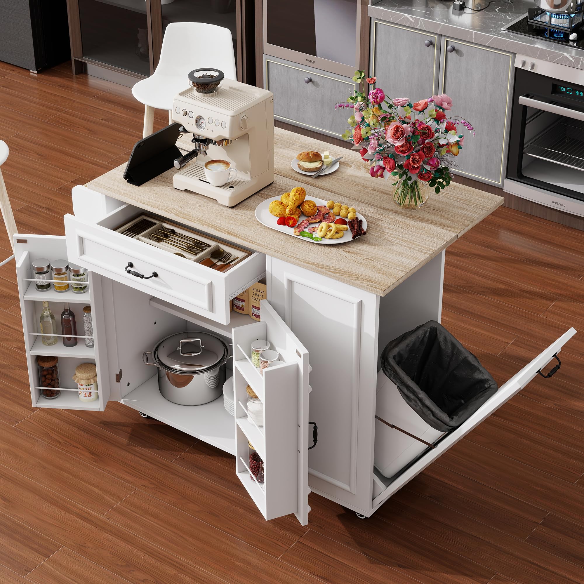 Sapgaks Îlot de Cuisine, desserte de Cuisine avec Prise électrique, placards, desserte avec Plan de Travail, Buffet, Chariot de Service, Armoire de Buffet, Blanc