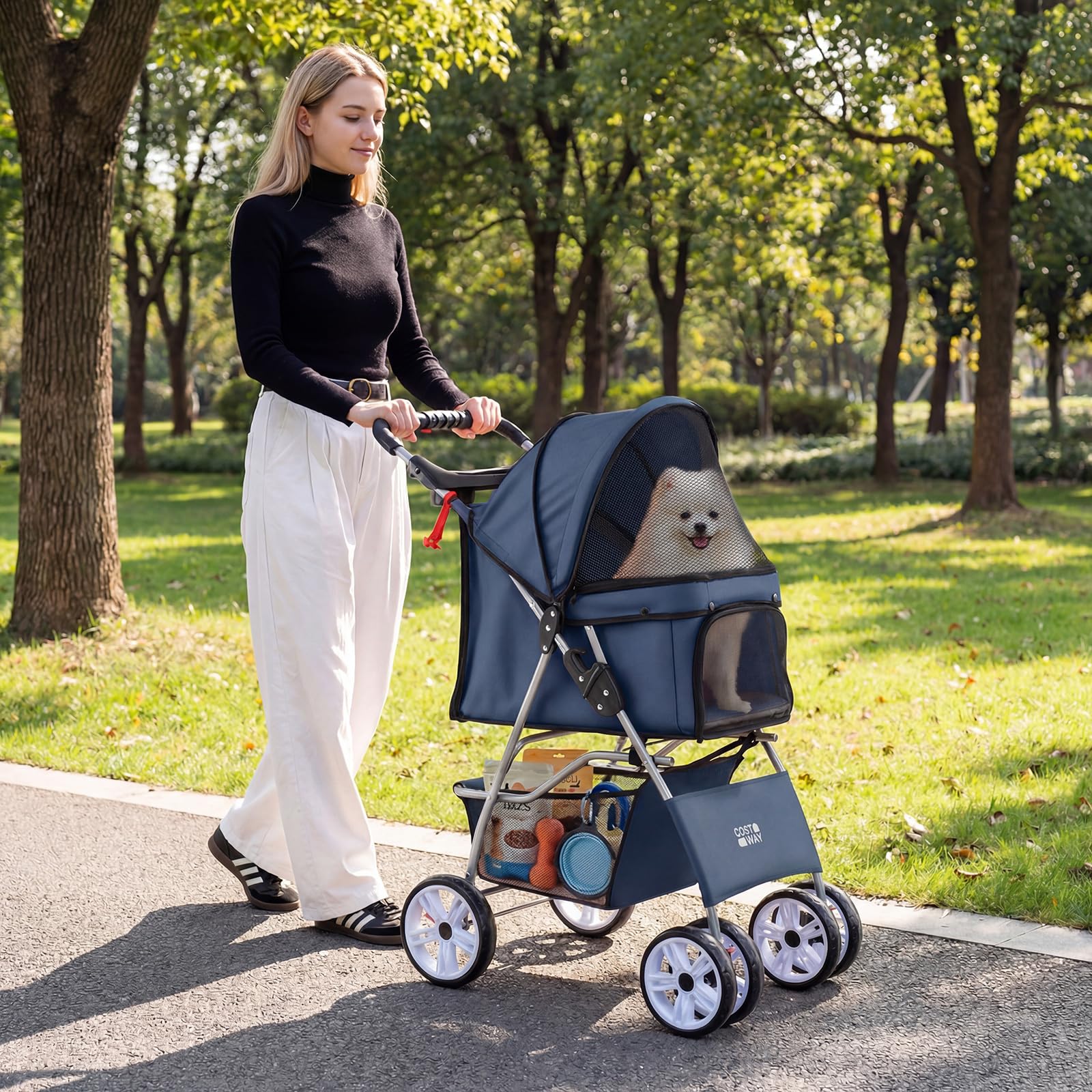COSTWAY Passeggino per Cani Piccoli Pieghevole Facile, Carrozzina per Cani Portata Fino a 15 kg con Rete Traspirante e Copertura Impermeabile, Passeggino per Gatti per Viaggio (Blu)