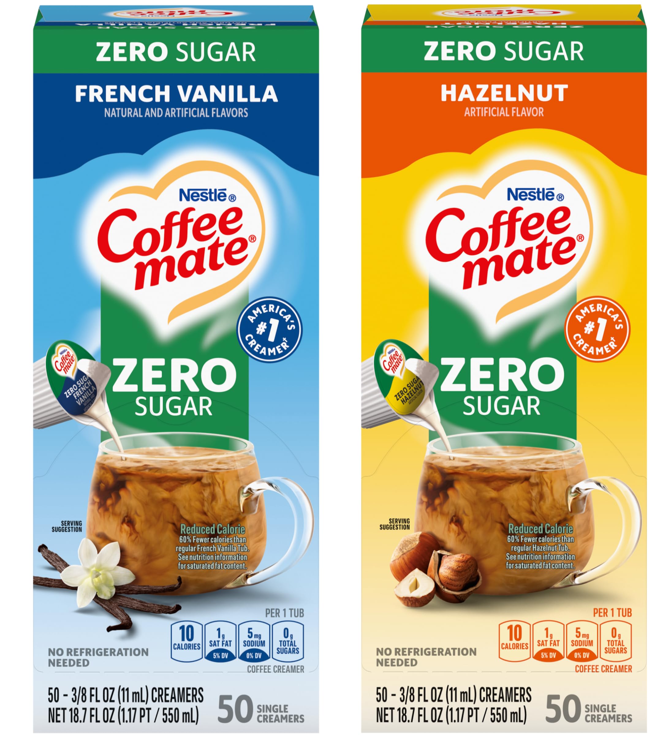 Nestle Coffee mate Liquid Coffee Creamer Singles Variety, 1 of each: Zero Sugar French Vanilla & Hazelnut 50 Ct Boxes