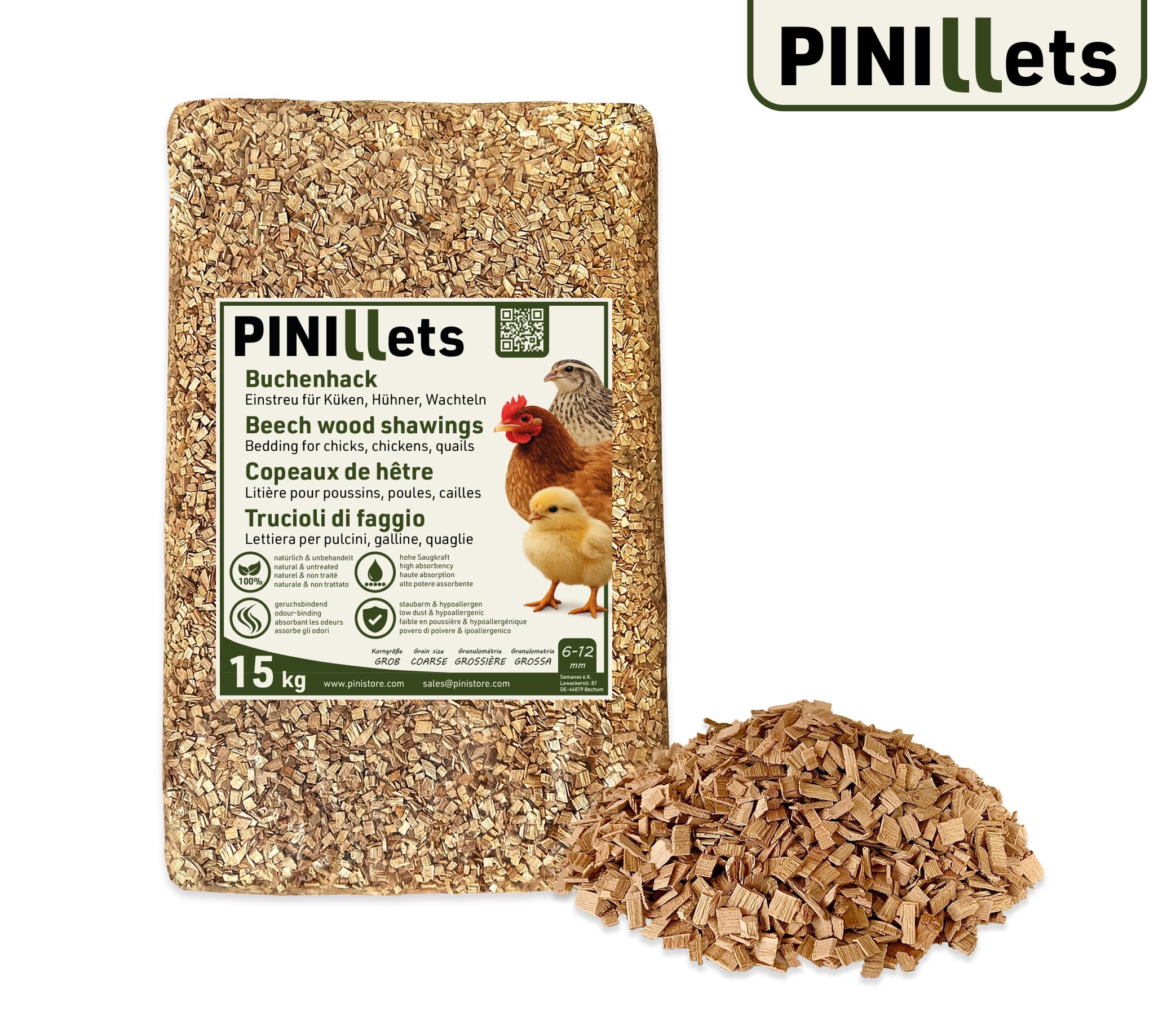 PINI Hack bukowy 15 kg, bezpyłowy, higieniczny ściółka, gruby, dla piskląt, kur, przepiórek, kur, kur, kur, kur, kur, kur, kur,
