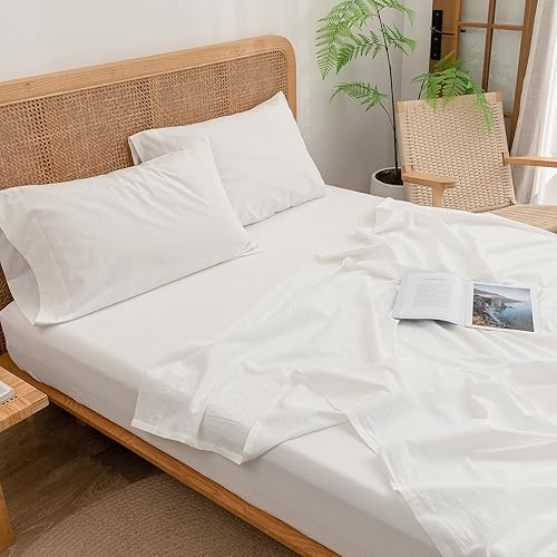 Miniatura 5 de BESTOUCH Juego de sábanas 100% algodón lavado, tacto súper suave, cómodo, elegante, ligero, juego de ropa de cama de 4 piezas, color blanco hueso,