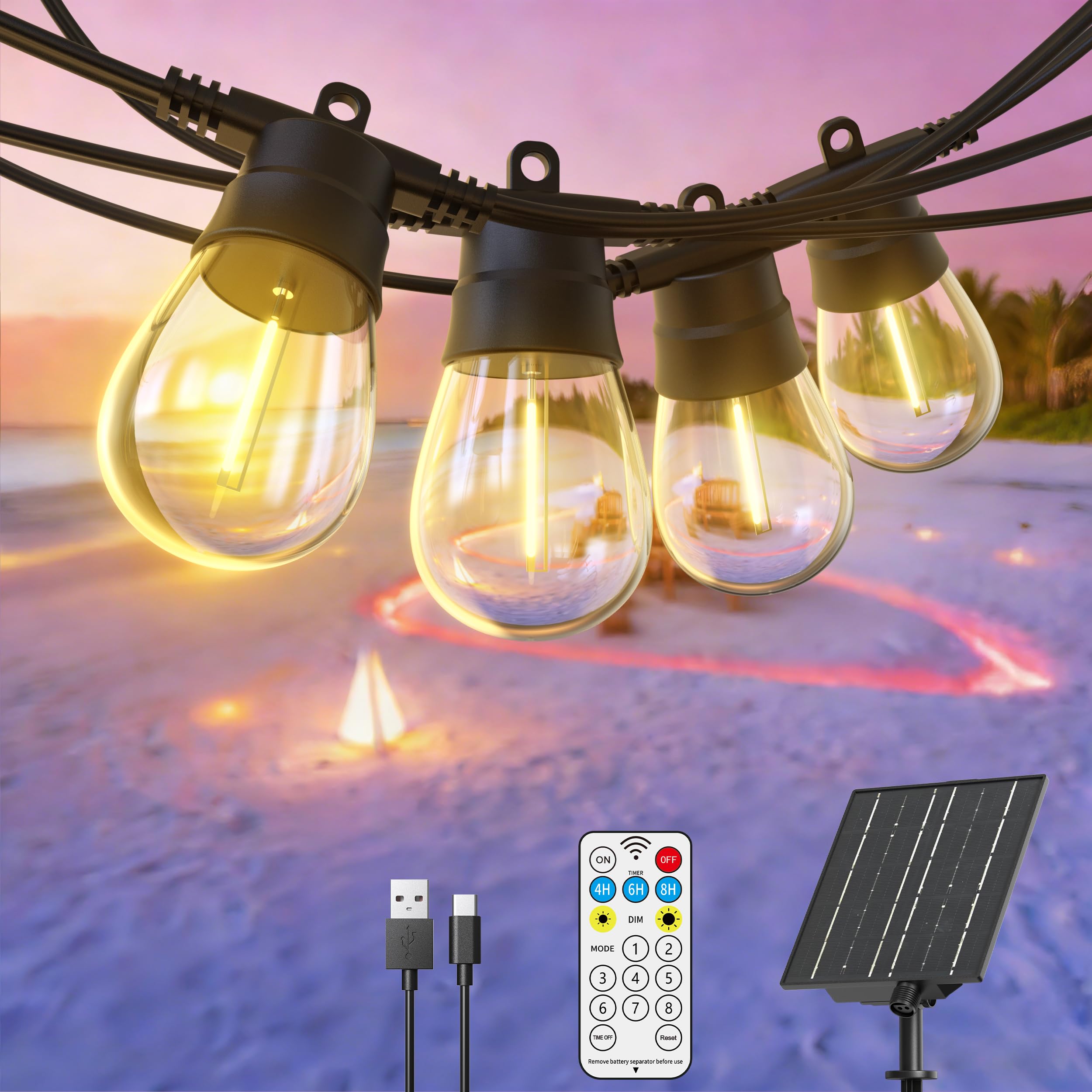 GlobaLink Lichterkette Außen Solar, 16.3M Lichterkette Glühbirnen15+2 LED mit USB-/Solar-Lademethode, 8 Modi mit Fernbedienung Dimmbar für Gärten,Balkon,Party,Terrasse Deko Outdoor