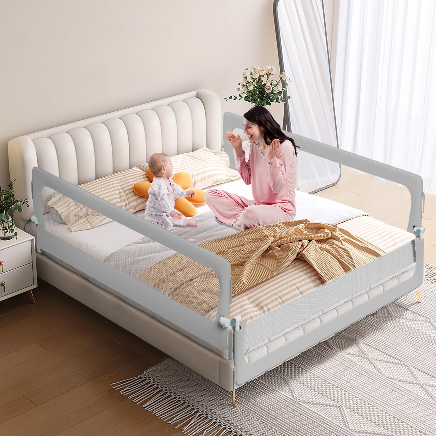 Bettschutzgitter 200×68 cm Rausfallschutz Bett – extra breites halb klappbares Bettgitter für Baby & Kleinkind, höhenverstellbar 72–86 cm, Stabiler Trapezfuß, 300G Oxford-Stoff, Grau