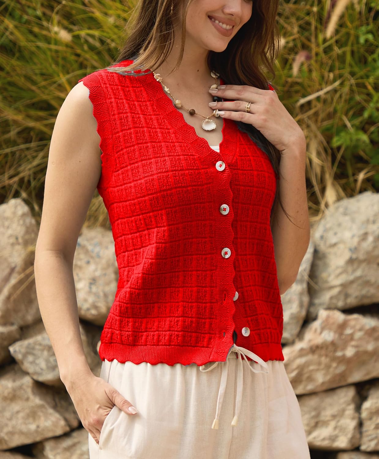 Trendy Sweater Vest Waffle Knit Top Vest V Neck Cardigan Sweater Casual Sleeveless Tops Cute Ruffle Vest - Image 3