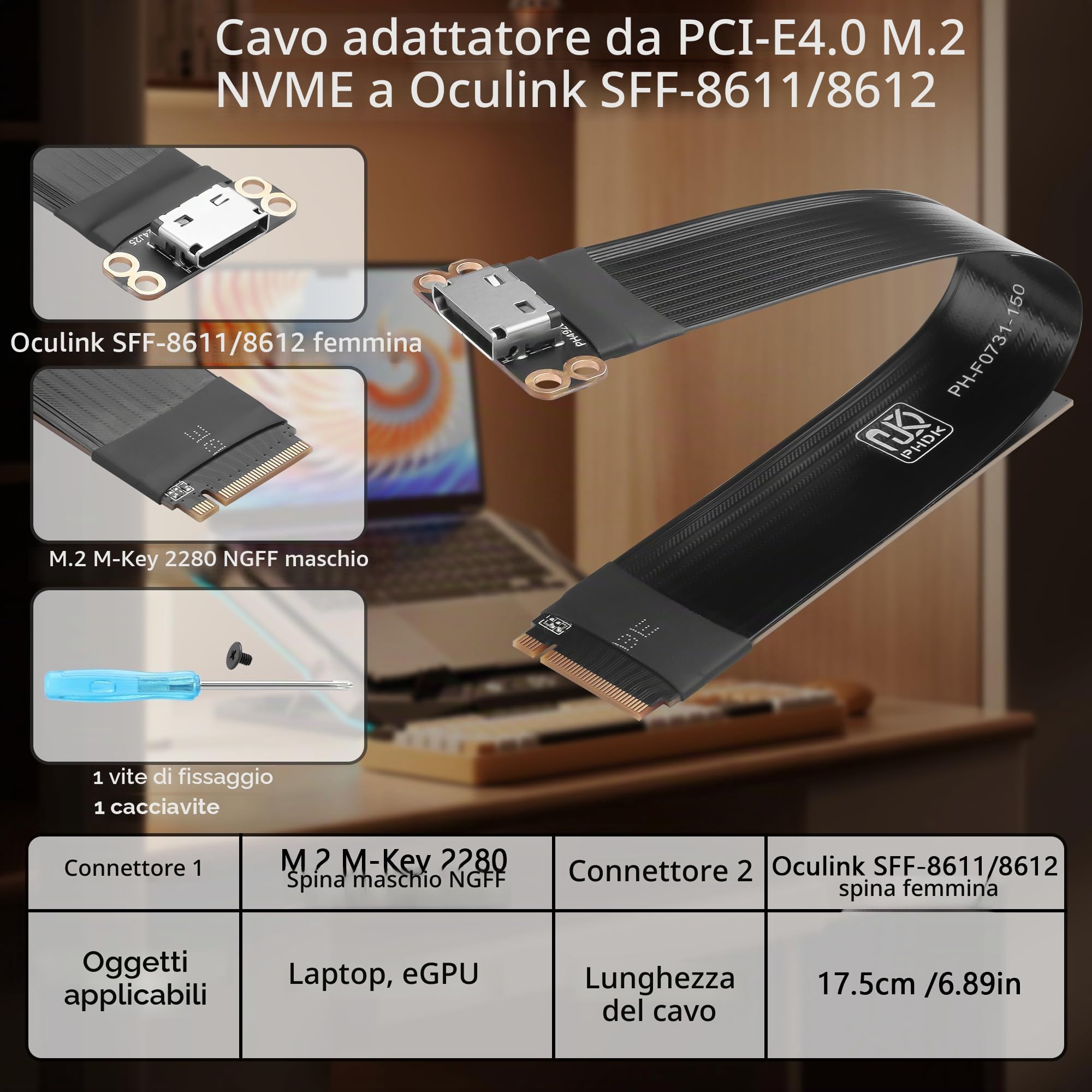 GINTOOYUN PCI-E4.0 M.2 NVME a Oculink SFF-8611/8612 Cavo adattatore M.2 M-Key 2280 NGFF a Oculink SFF-8611 SFF-8612 cavo host femmina per laptop, eGPU ecc. (17,5 cm)