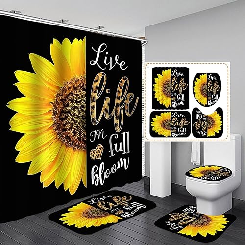 Miniatura 1 de Camille&Andrew - Juego de 4 cortinas de ducha de girasol de leopardo, diseño de piel de animal salvaje con citas inspiradoras amarillas, decoración