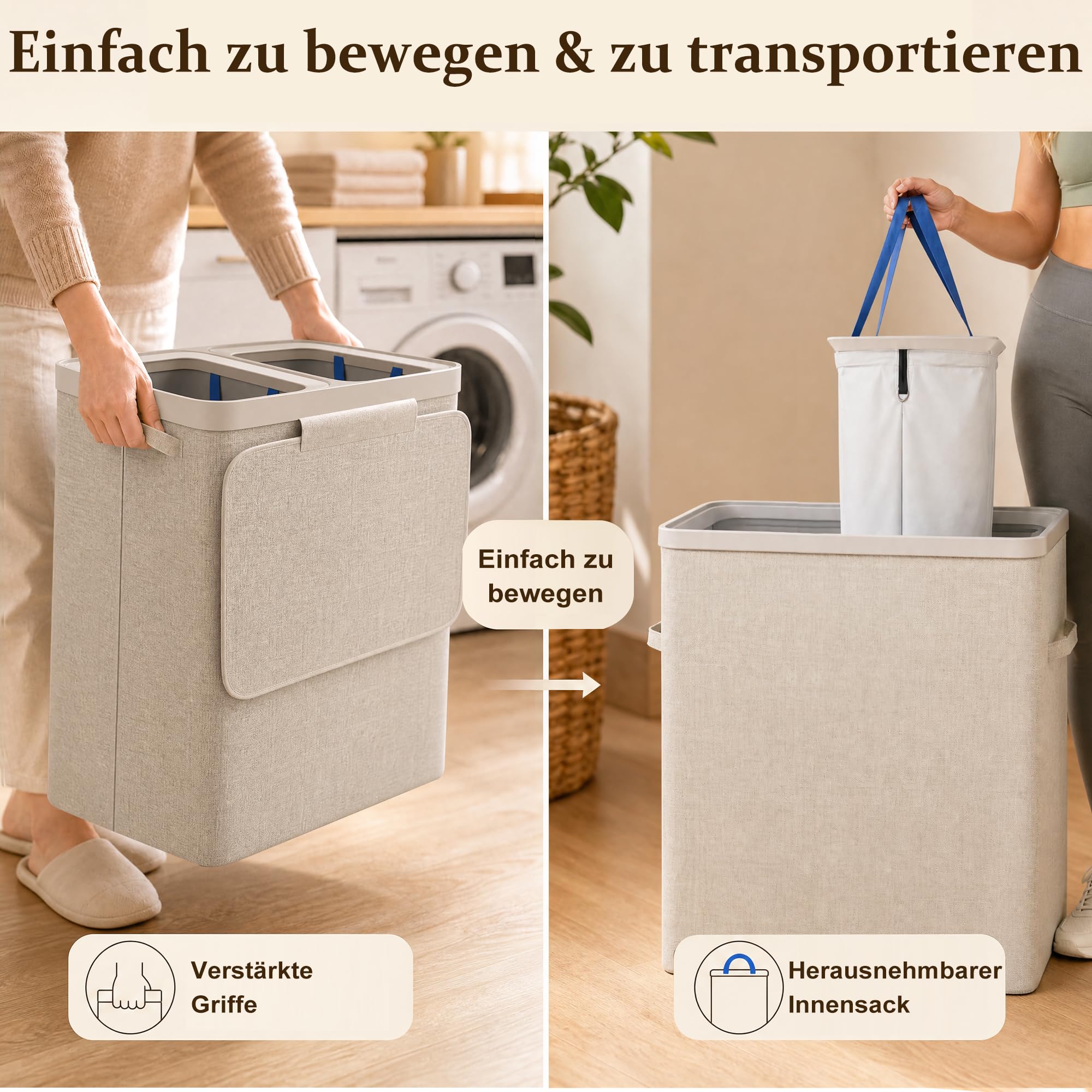 100L Wäschekorb mit Deckel, Wäschesammler 2 Fächer mit herausnehmbaren Wäschesäcken, Faltbare Wäschebox für Schmutzwäsche, Wäschebehälter für Badezimmer und Schlafzimmer, Beige