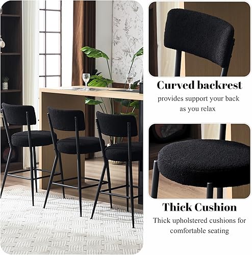 Miniatura 4 de Juego de 4 taburetes de bar tapizados de tela de peluche con respaldo, sillas de bar de comedor tapizadas modernas con patas de metal dorado y