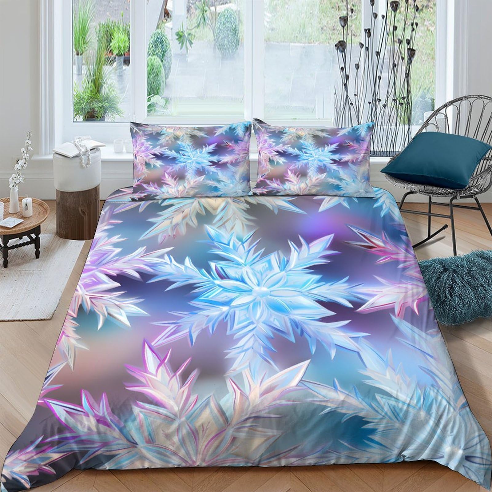 Ctjqhvkz Style-5 3D Printed Ice Crystal Fitted Sheet Microfiber Soft Gradient Snowflake Mattress Cover For Bedroom Guest Room Decor Single（135X200cm）