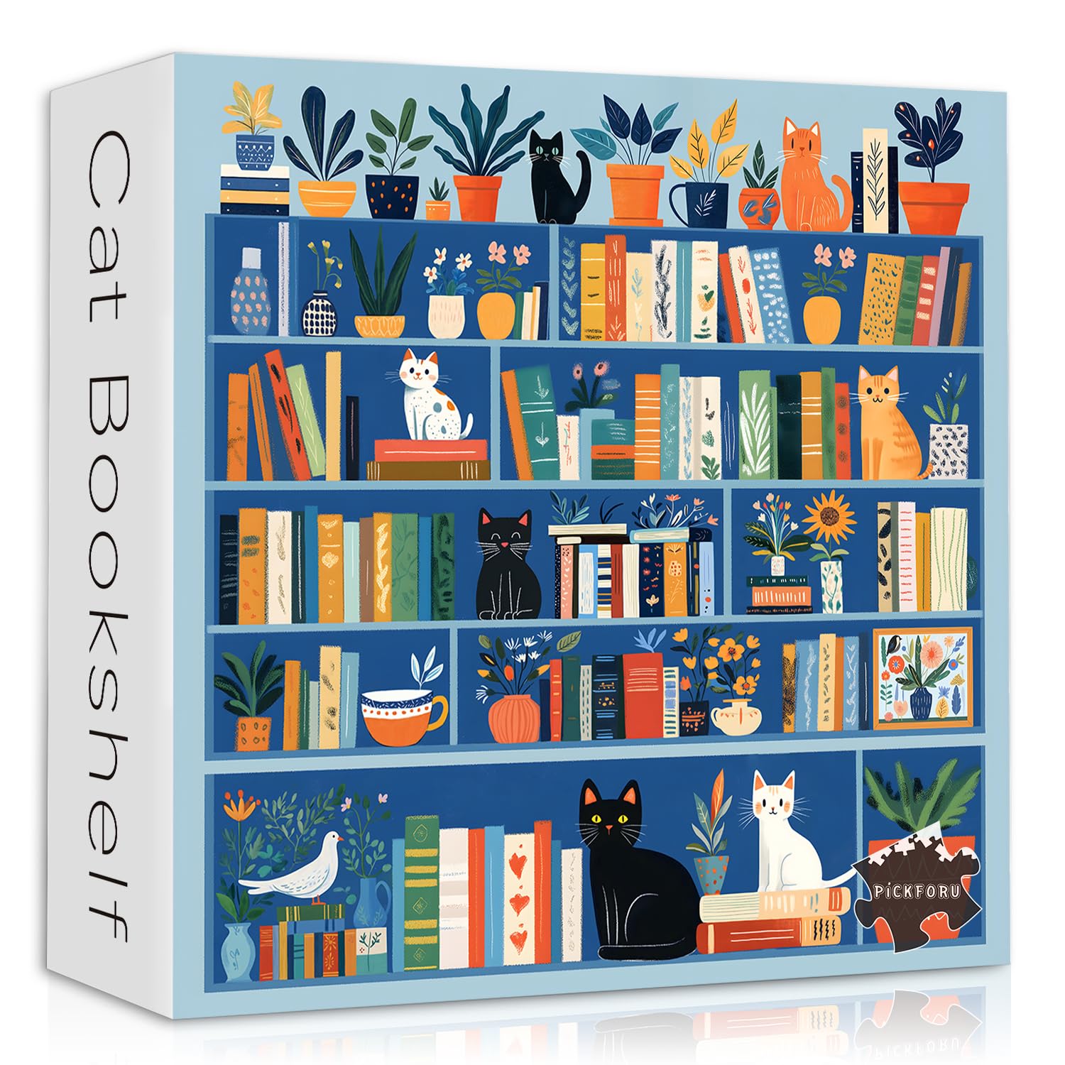 Cat Bookshelf Puzzle for Adults 1000 Pieces, Kitty Book Puzzle Plant, Flower Kitten Themed, Cat Challenging Jigsaw Botanical