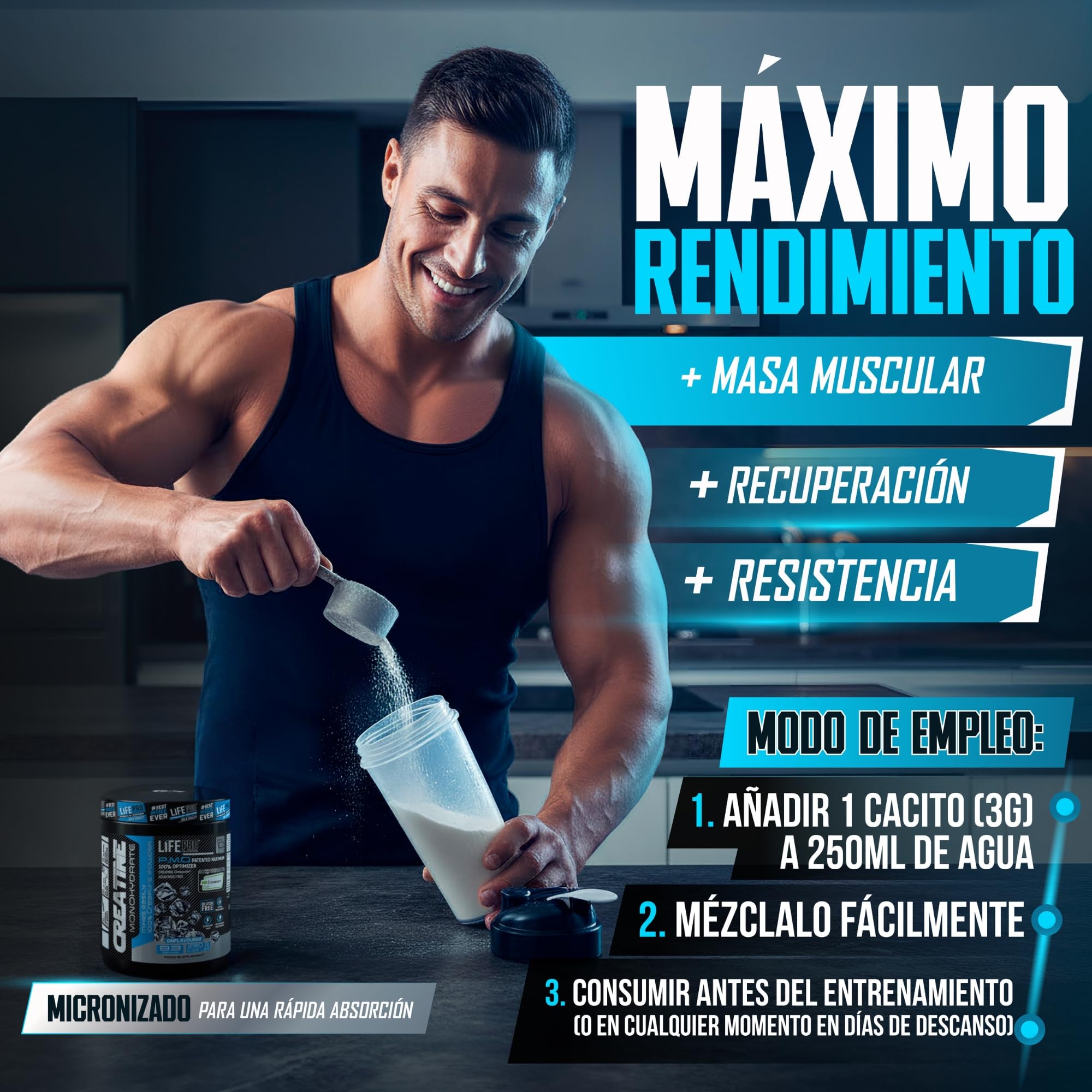 Creatine Monohydrate Creapure Life Pro 250g – Créatine Micronisee Pure – Jusqu’à 83 Doses – Sans Gluten – Pour Force, Énergie et Récupération Musculaire – Qualité Allemande (250g, Sin sabor)
