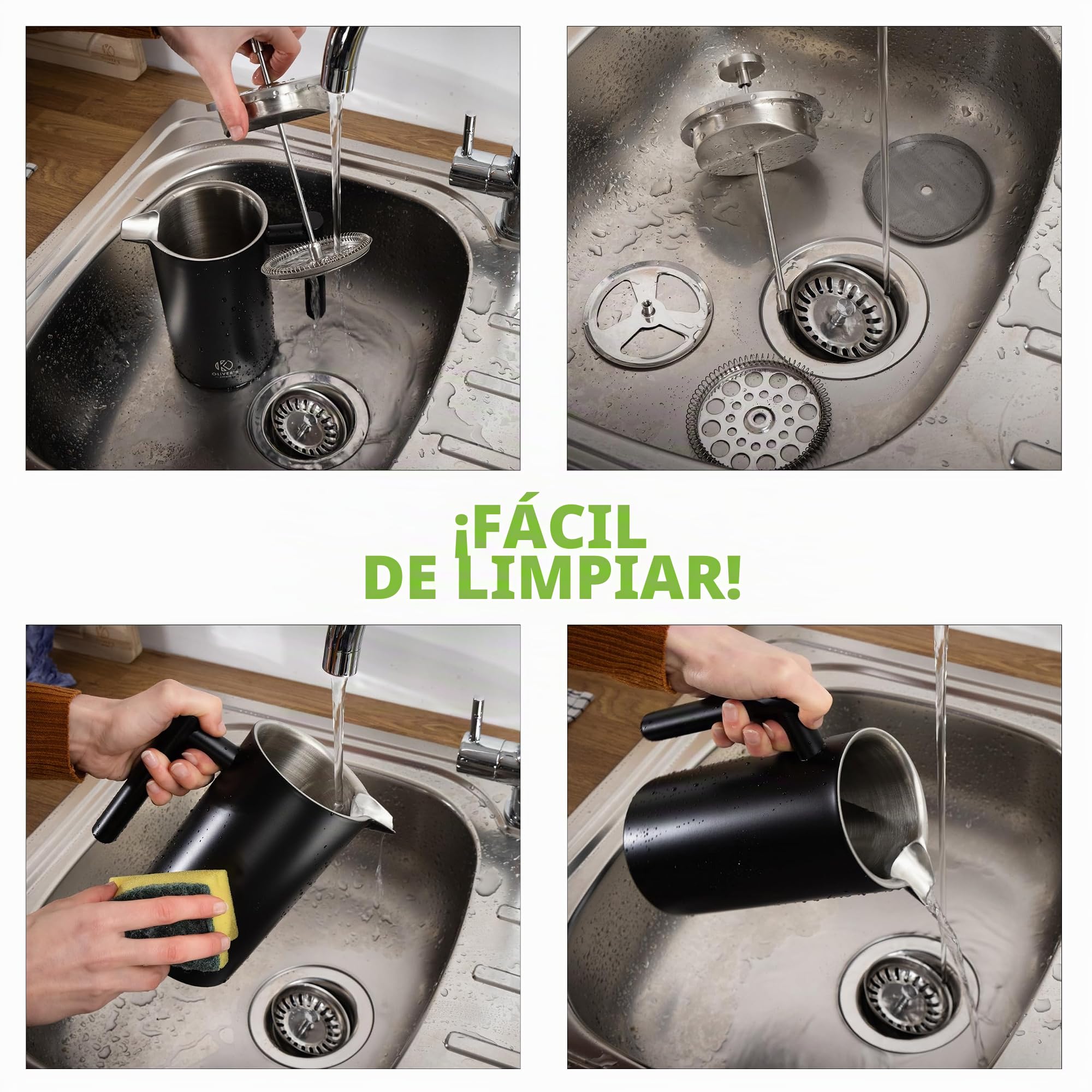 Oliver's Kitchen ® Cafetera de prensa francesa de de primera calidad, con aislamiento térmico, doble pared, color negro, 1 litro