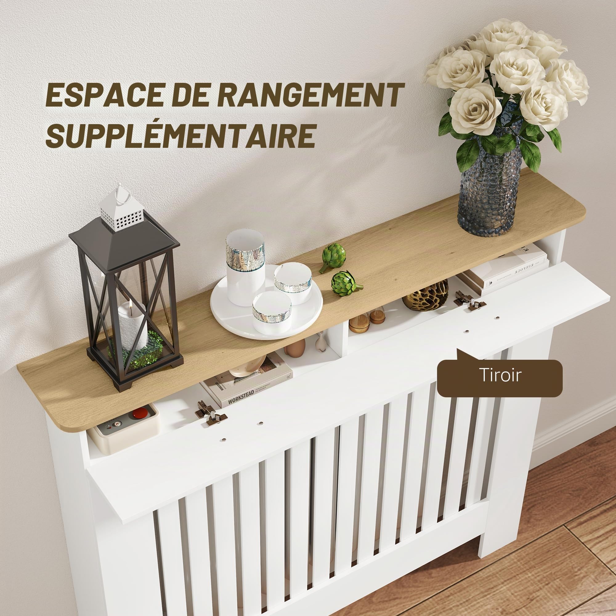 HOMCOM Cache-radiateur à lattes anti-inclinaison avec tiroir de rangement, Cache-radiateur en bois, 112x19x97 cm, Blanc