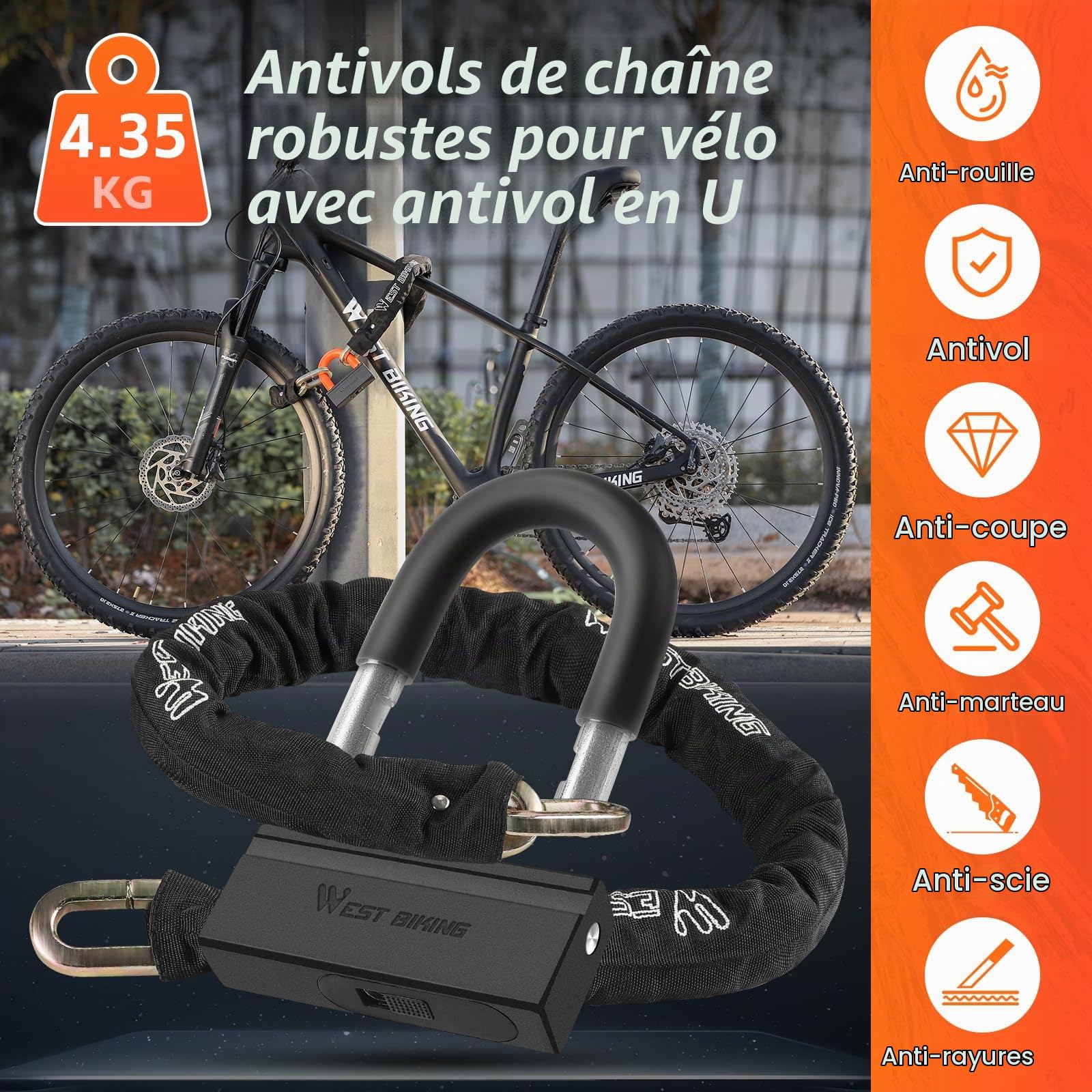 Antivol à chaîne pour vélo - 120 cm - Haute sécurité - 12 mm d'épaisseur - Robuste - Pour vélo électrique - Sécurité de porte de moto